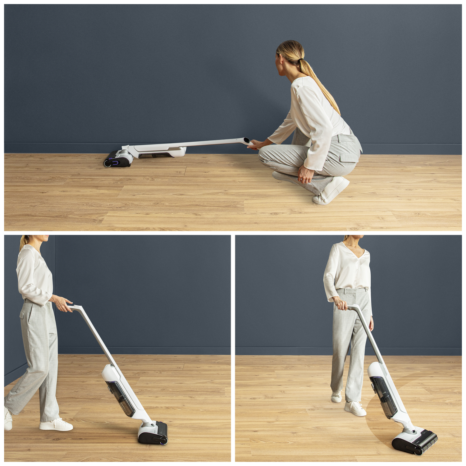 Woman using a cordless vacuum cleaner, demonstrating different positions.