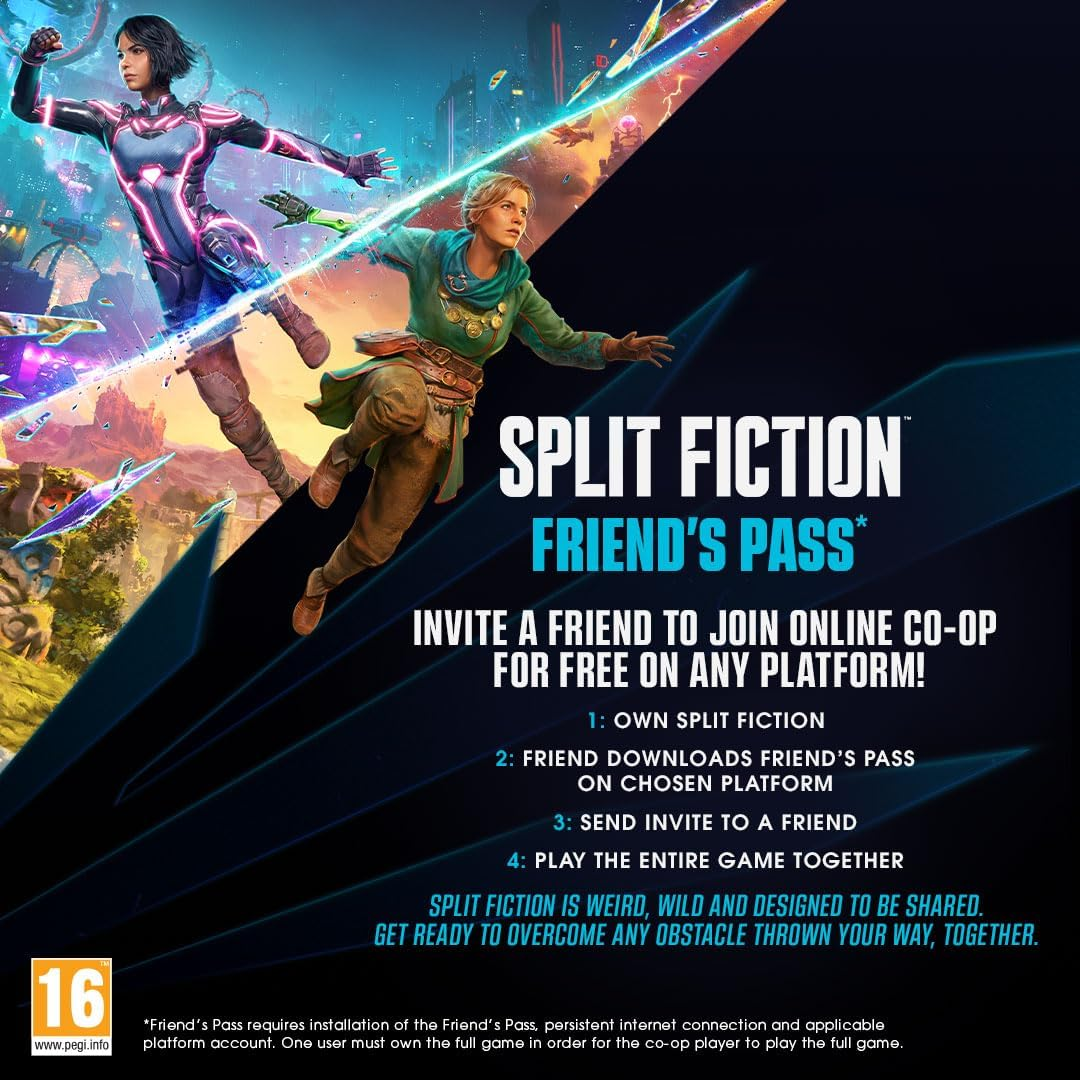 Split Fiction-Spielcover mit zwei Charakteren und Text.