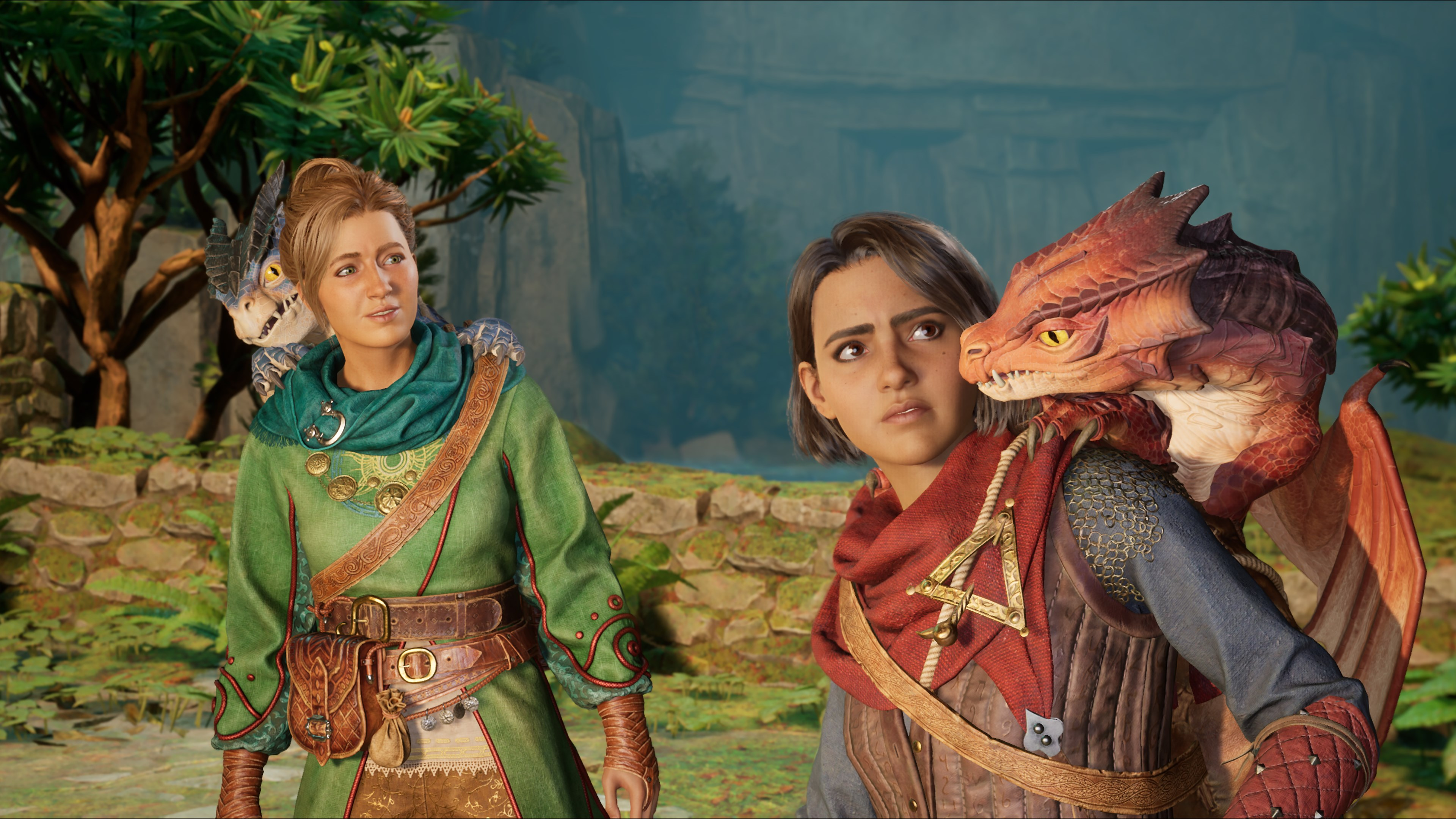 Zwei Frauen und zwei Drachen in einer Fantasy-Umgebung, mit Felsformation im Hintergrund.