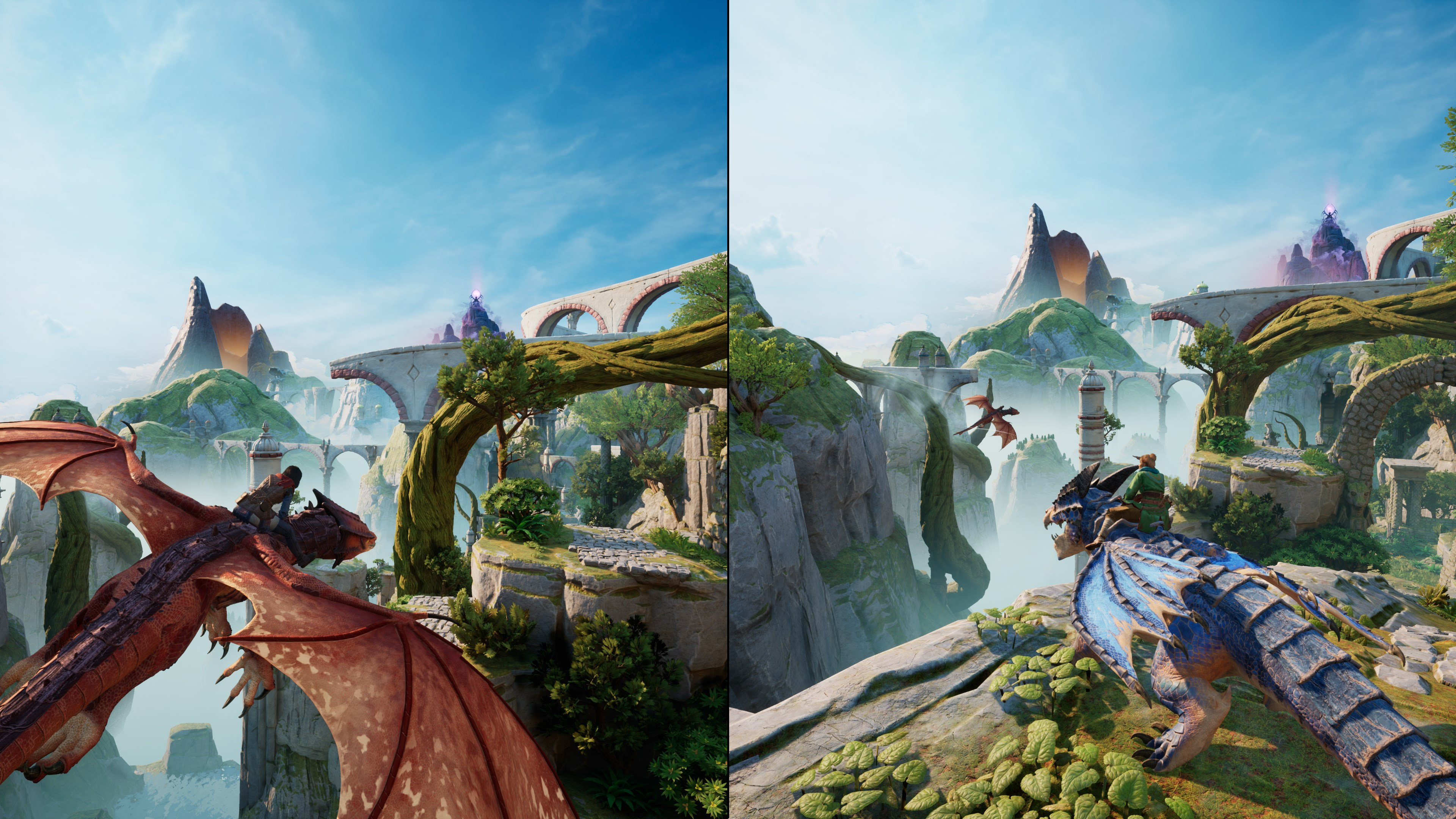 Zwei Drachen fliegen über eine Fantasielandschaft mit Bögen, Bergen und blauem Himmel.