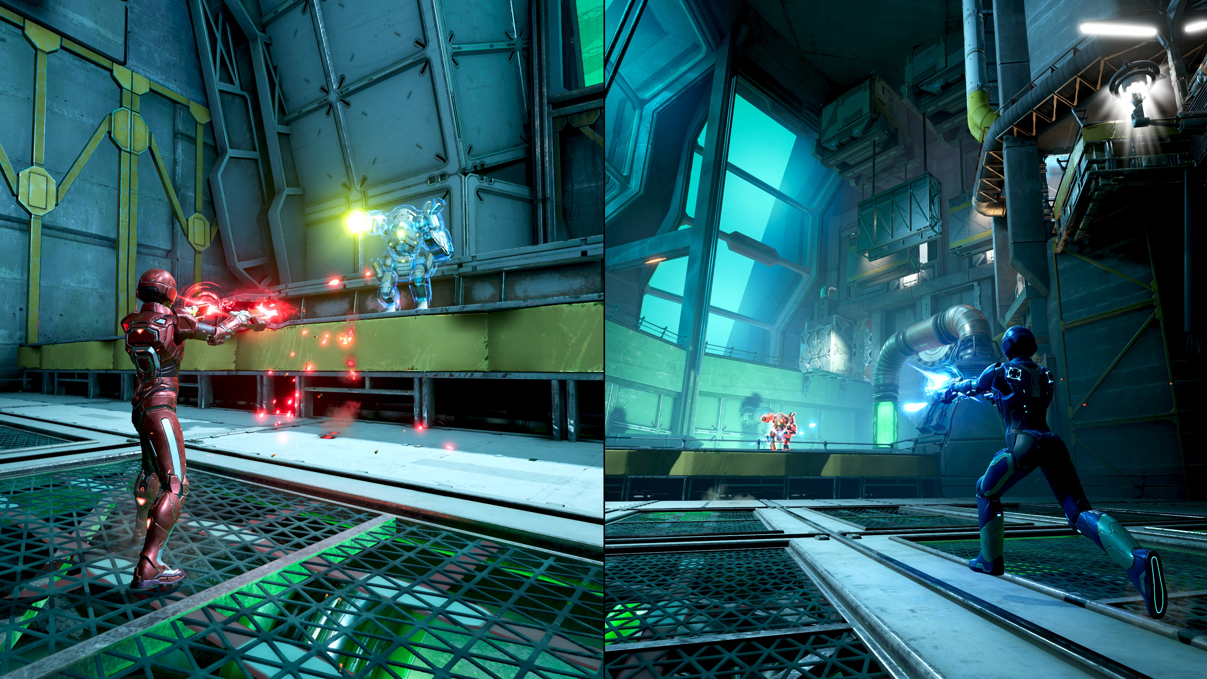 Zwei Sci-Fi-Spiel-Szenen: Spieler in Roboteranzügen, die Waffen abfeuern.