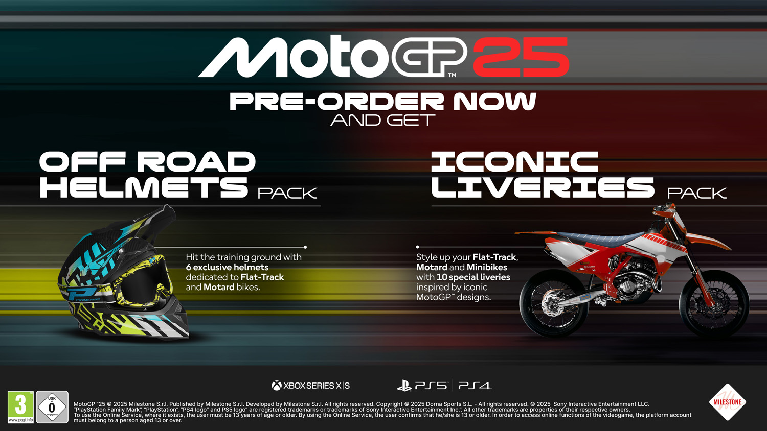Annuncio del gioco MotoGP 25. Grafica di casco e moto. Testo: 'Prenota ora e ottieni il Pack Caschi Off Road e il Pack Livree Iconiche'.