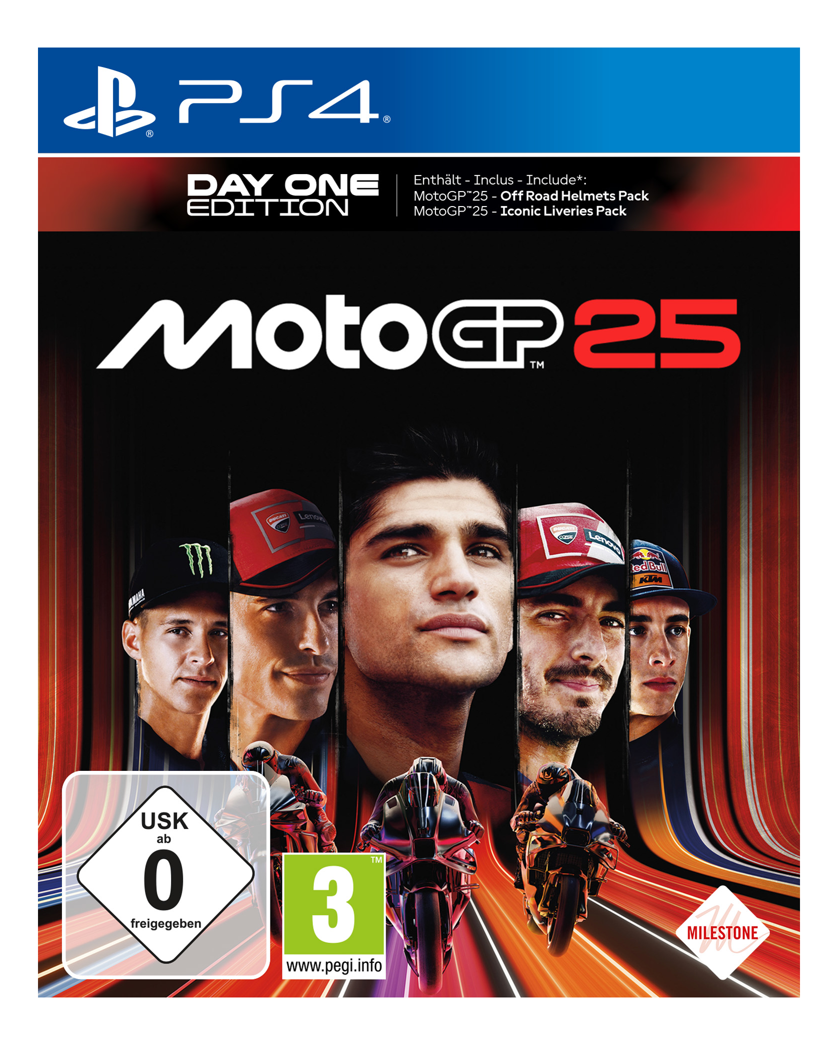 MotoGP 25 Spielcover. Zeigt Gesichter und Motorräder von Rennfahrern, mit Logos und Text. Day One Edition für PS4.
