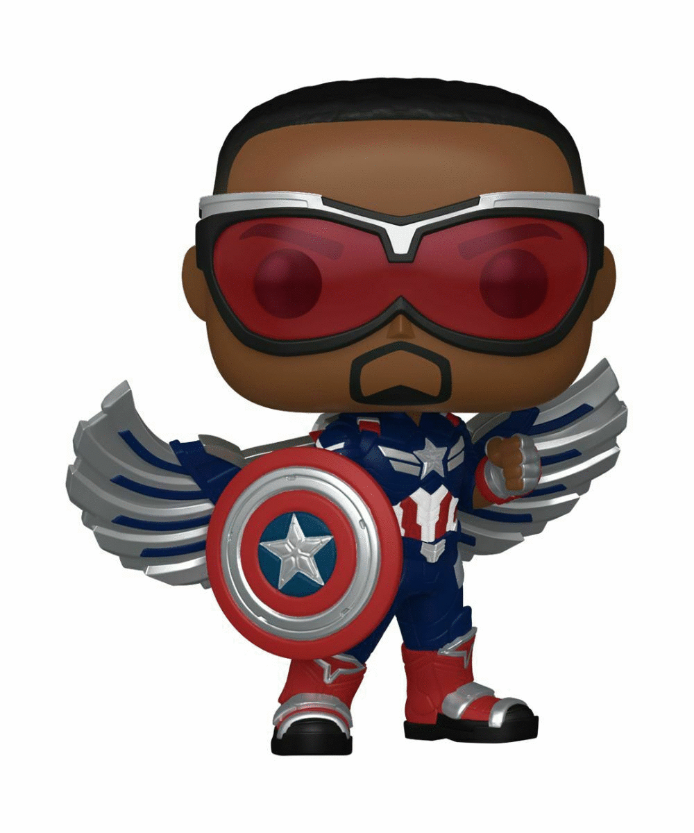 Figurka Funko Pop Kapitan Ameryka w kostiumie, białe tło.