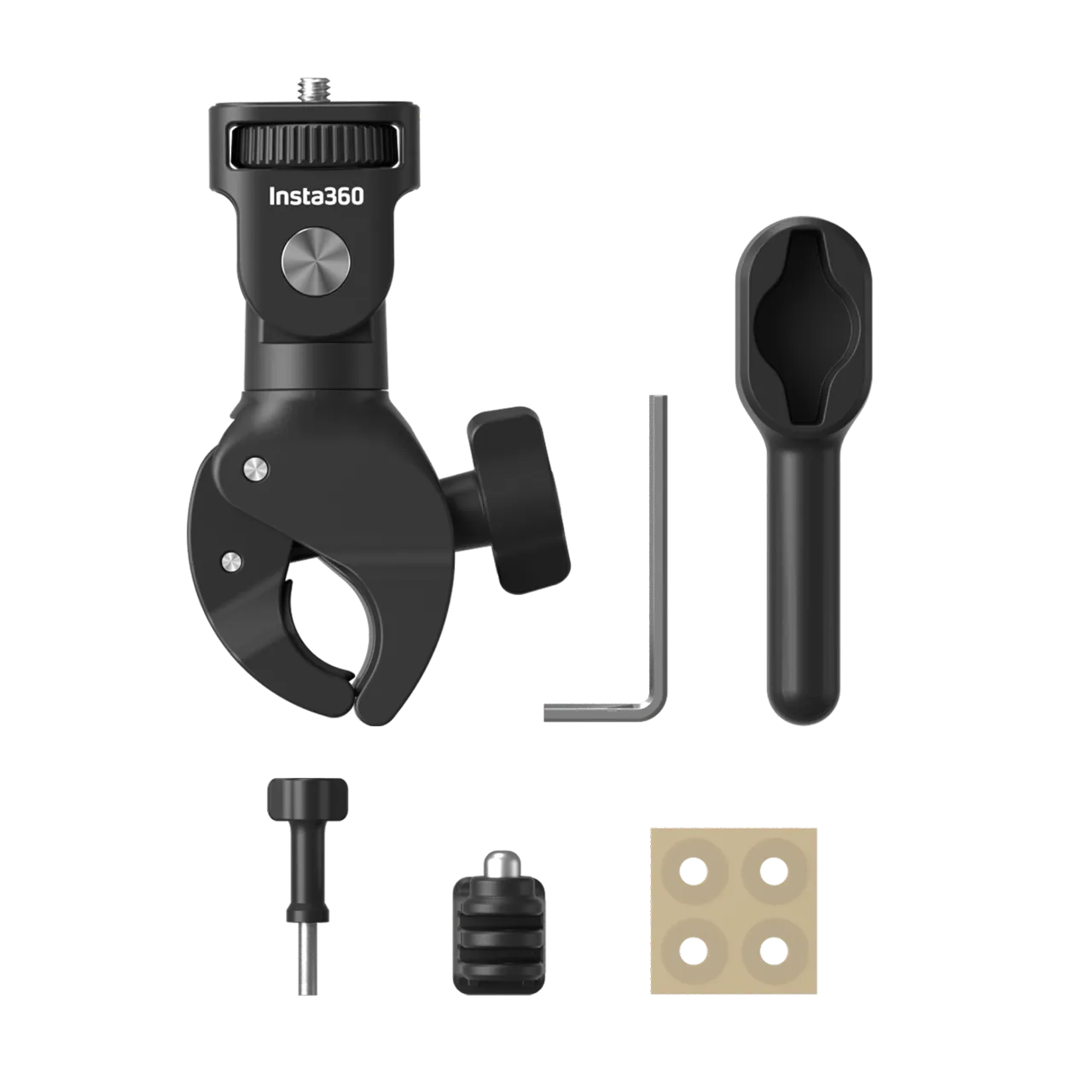 Ein schwarzes Insta360-Kamerahalterungs-Kit mit mehreren Komponenten auf weißem Hintergrund.