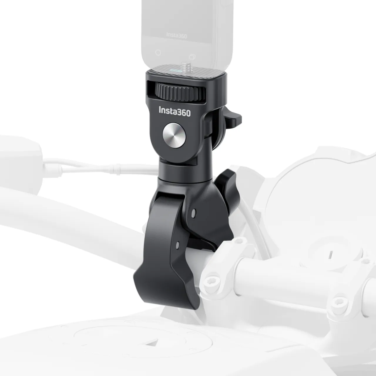 Insta360 Kamera-Halterung an weißem Lenker, schwarze Halterung.