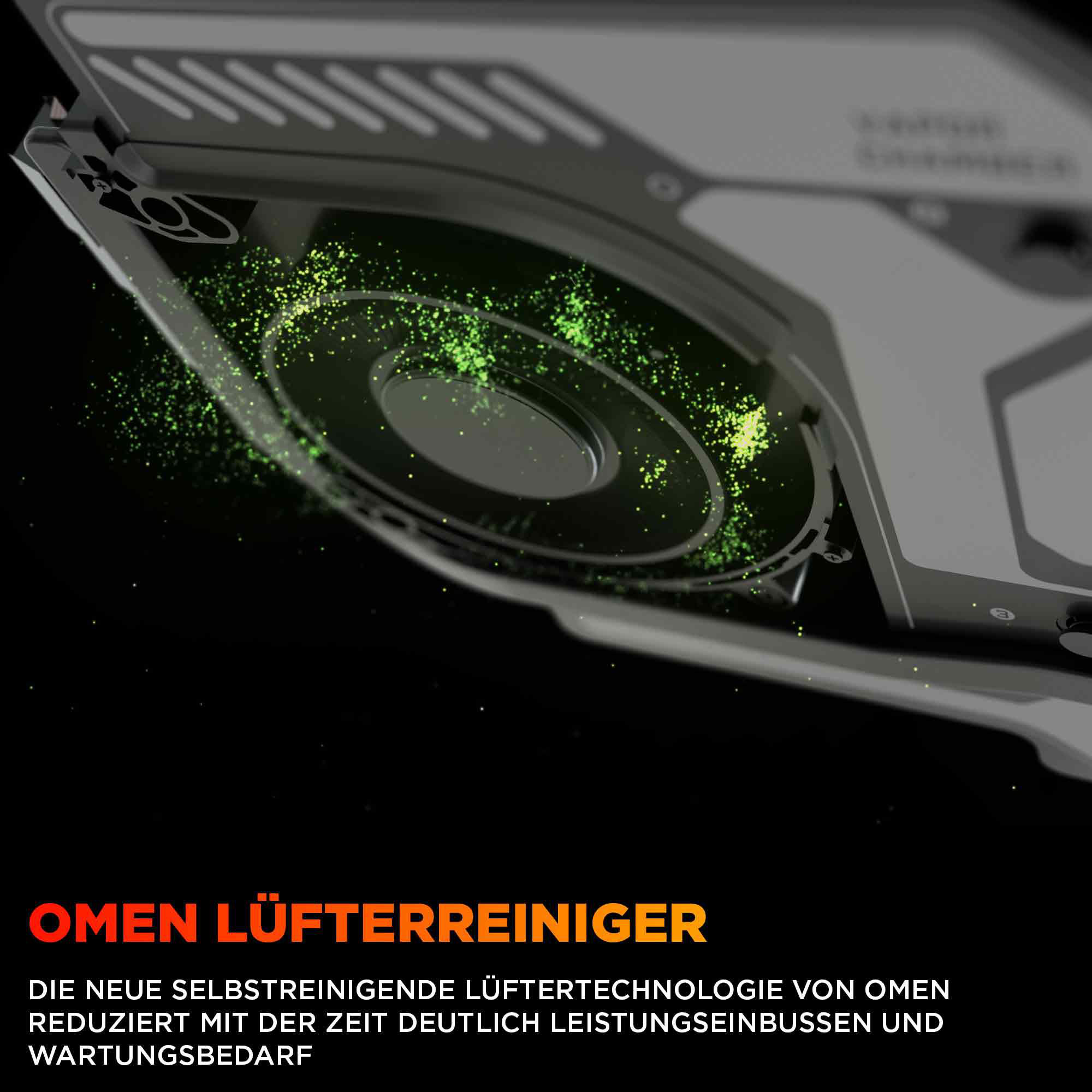 Nahaufnahme eines Lüfters mit grünem Licht und Text über Omen-Luftreiniger.