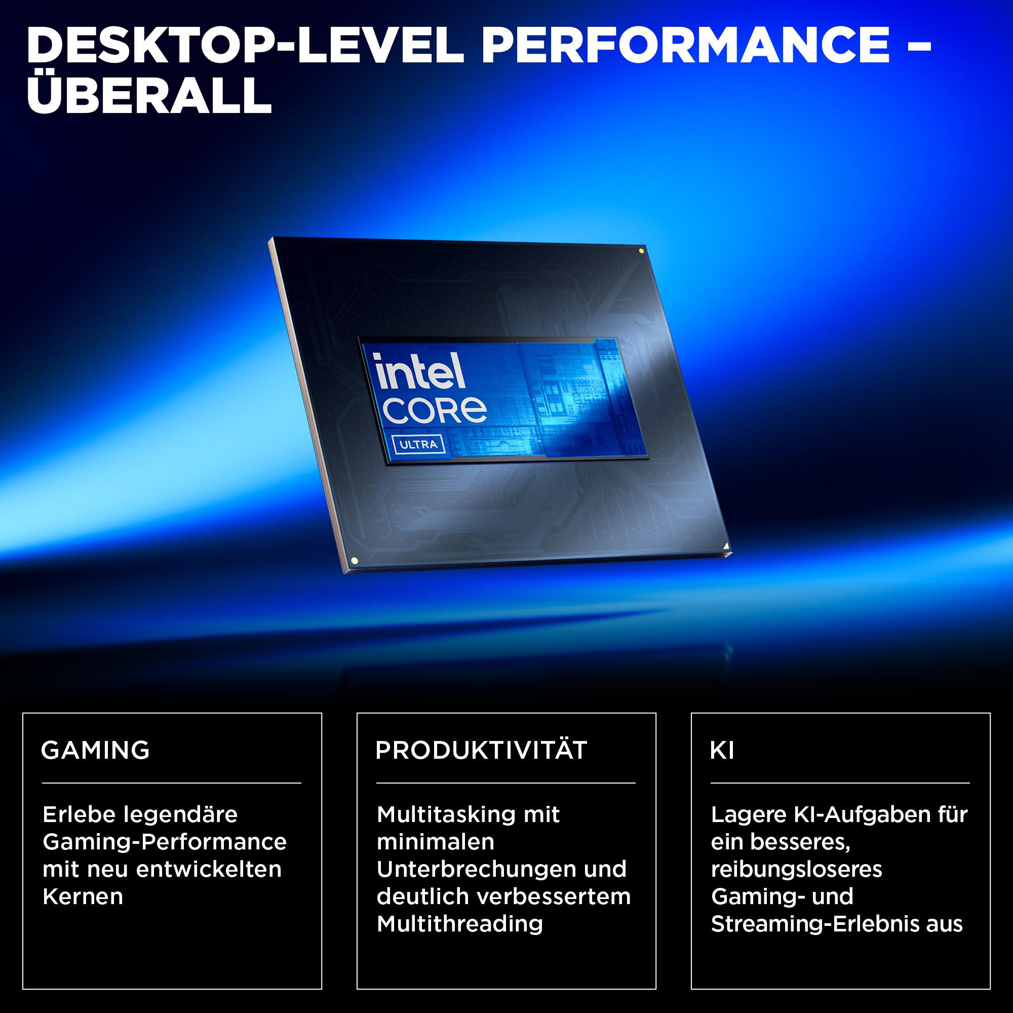 Computerchip mit Intel Core Ultra Logo auf blauem Hintergrund.