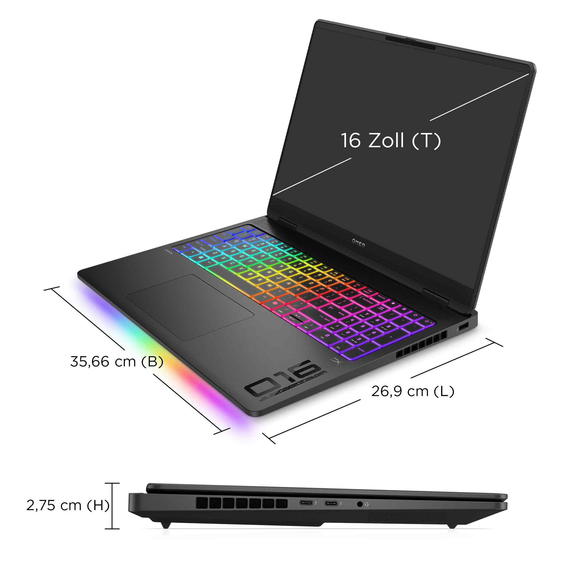 Schwarzer Laptop mit farbigen Tastaturbeleuchtungen. Abmessungen sind beschriftet. Unteransicht zeigt Anschlüsse.