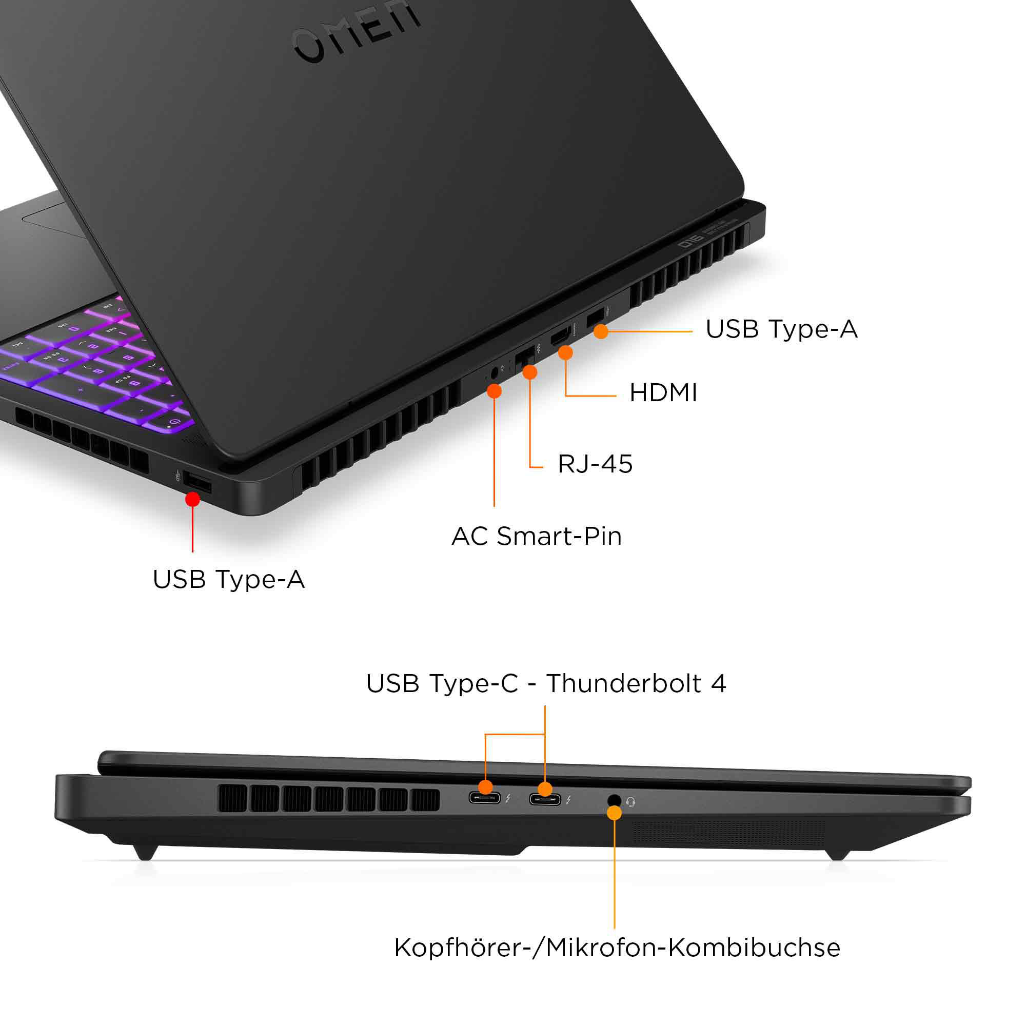 Schwarzer Laptop mit beschrifteten Anschlüssen: USB, HDMI, RJ-45, AC, USB-C.