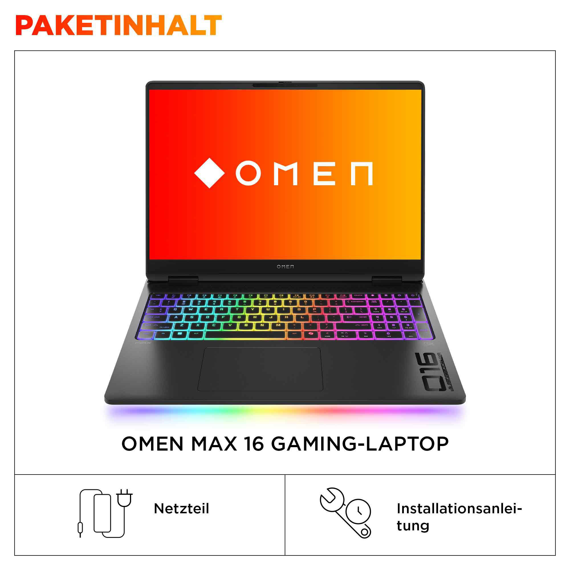 Geöffneter OMEN-Laptop mit bunter Tastatur und Bildschirm und einem Netzteil.