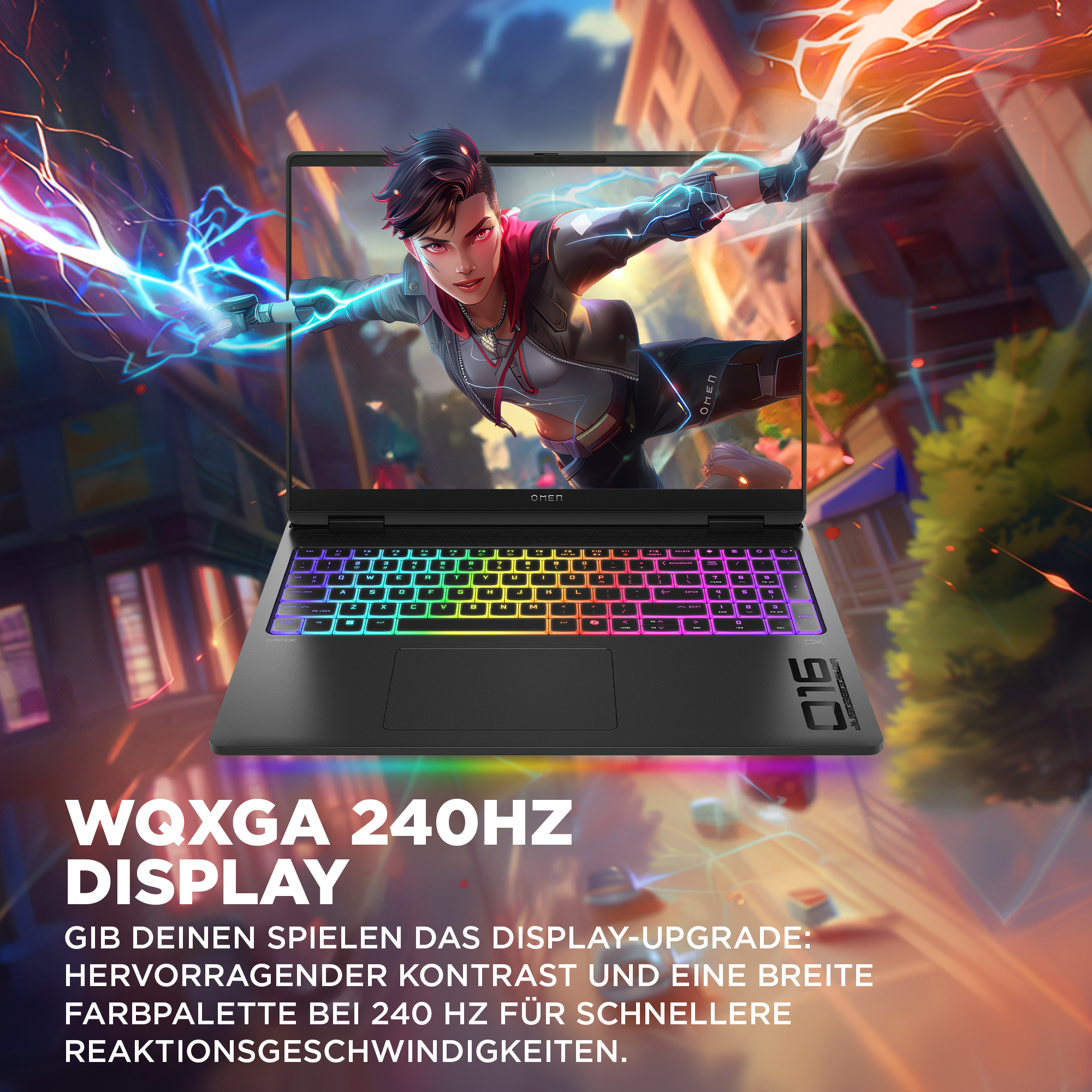 Laptop zeigt eine Gaming-Szene mit bunter Tastaturbeleuchtung.