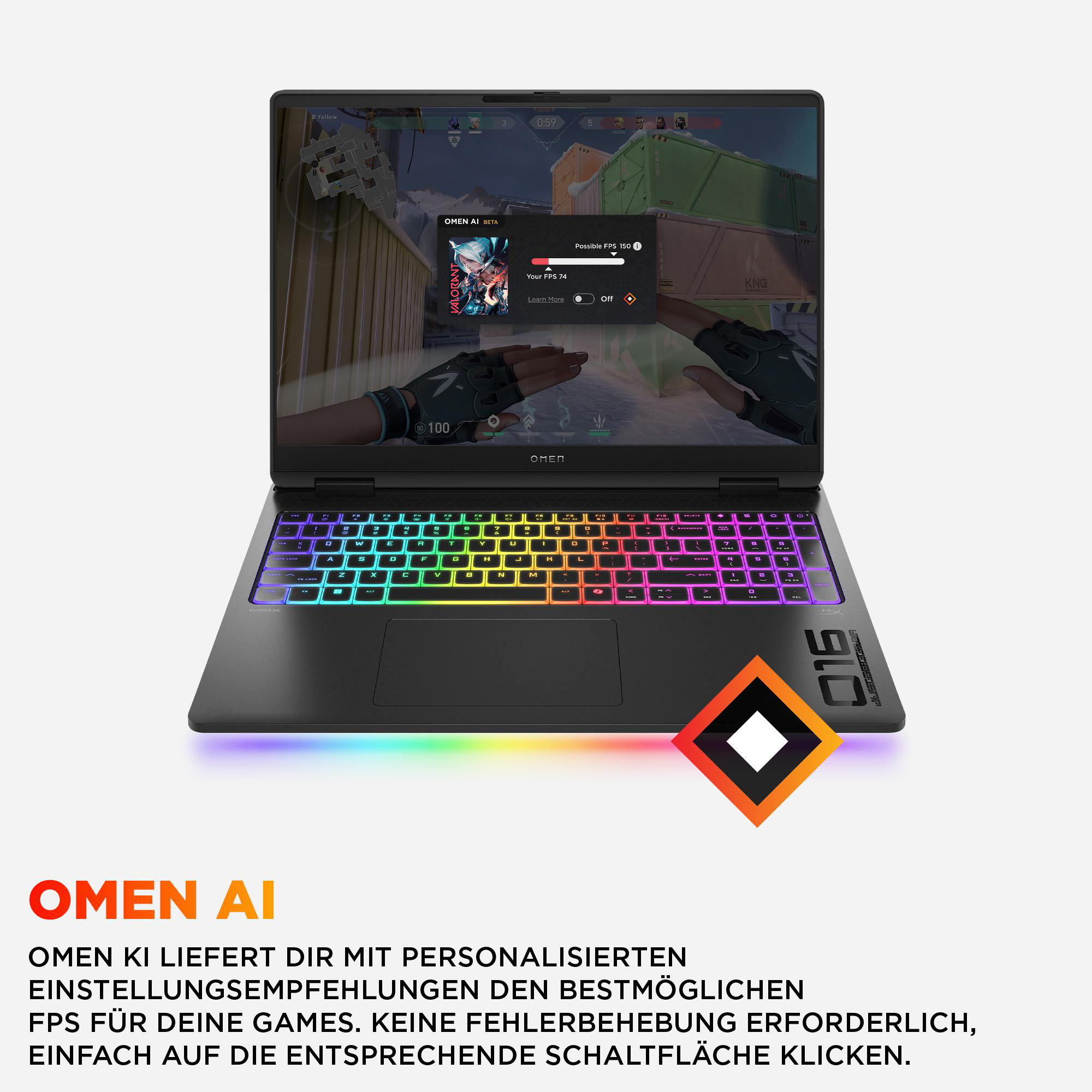 Ein schwarzer Laptop mit leuchtender, bunter Tastatur, der eine Spieloberfläche auf dem Bildschirm zeigt.