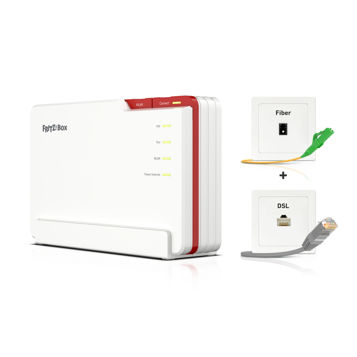 Routeur blanc et rouge avec connexions DSL et fibre optique.