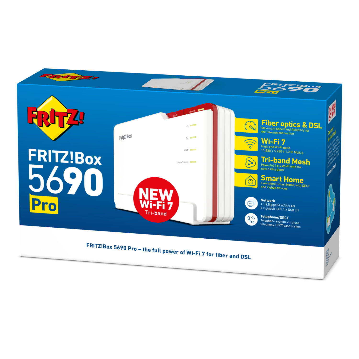 Une boîte rouge, blanche et bleue d'un routeur FRITZ!Box 5690 Pro, avec Wi-Fi 7 et d'autres spécifications.