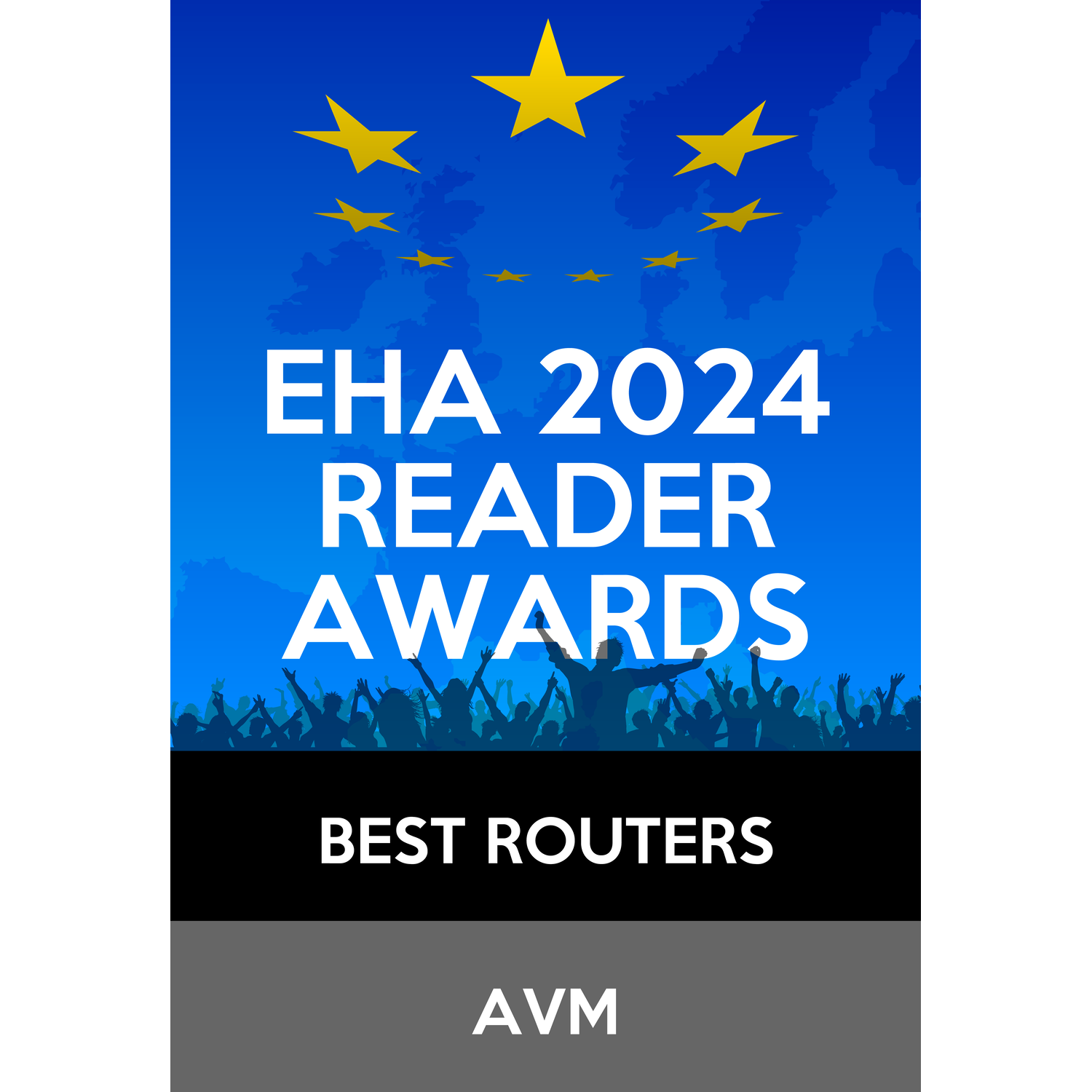 Logo des EHA 2024 Reader Awards avec le texte 'MEILLEURS ROUTEURS' et le logo AVM en dessous.