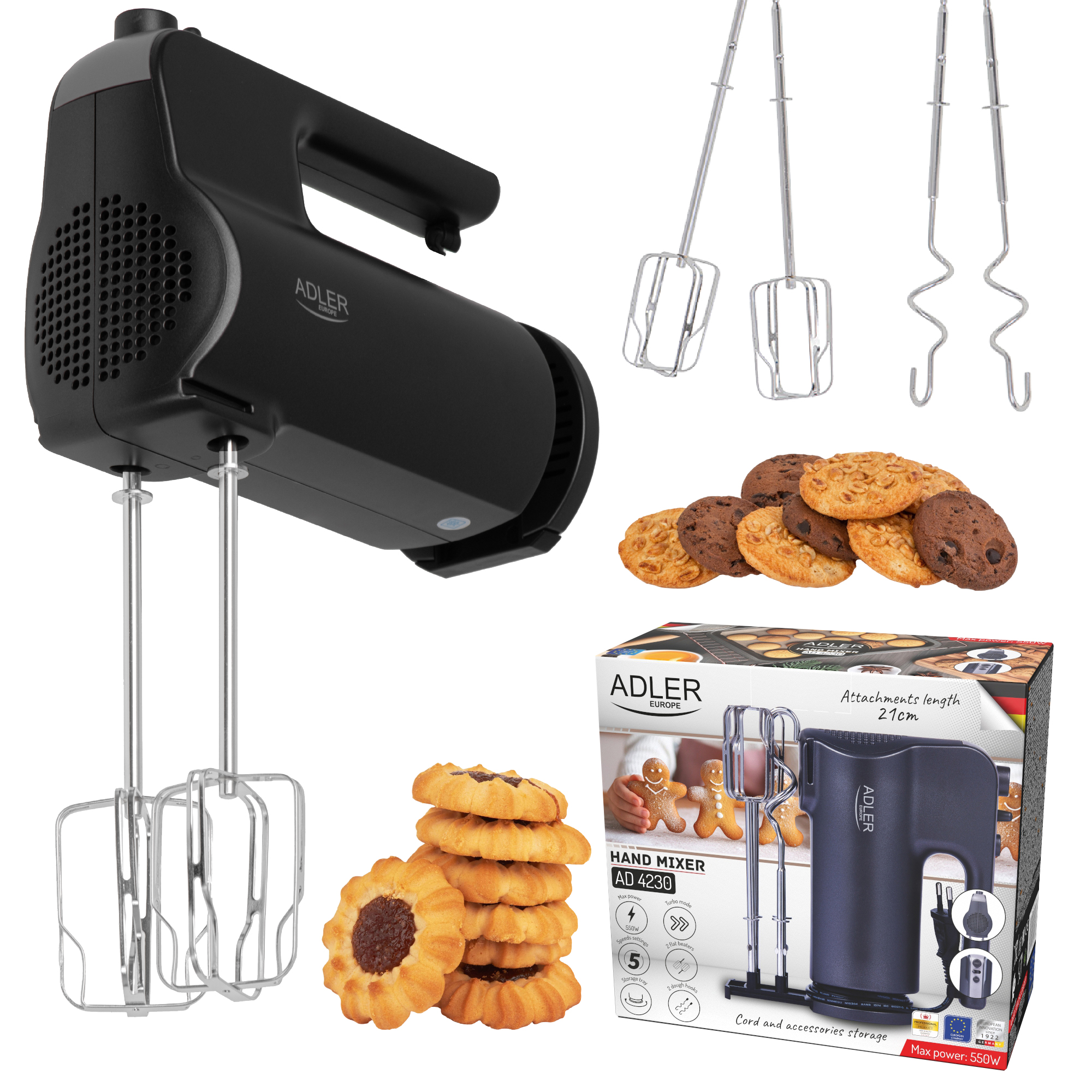 Fekete kézi mixer tartozékokkal és különféle süteményekkel.