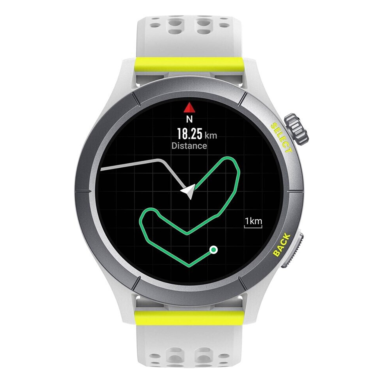 Reloj inteligente con mapa de ruta verde, mostrando 18.25km.