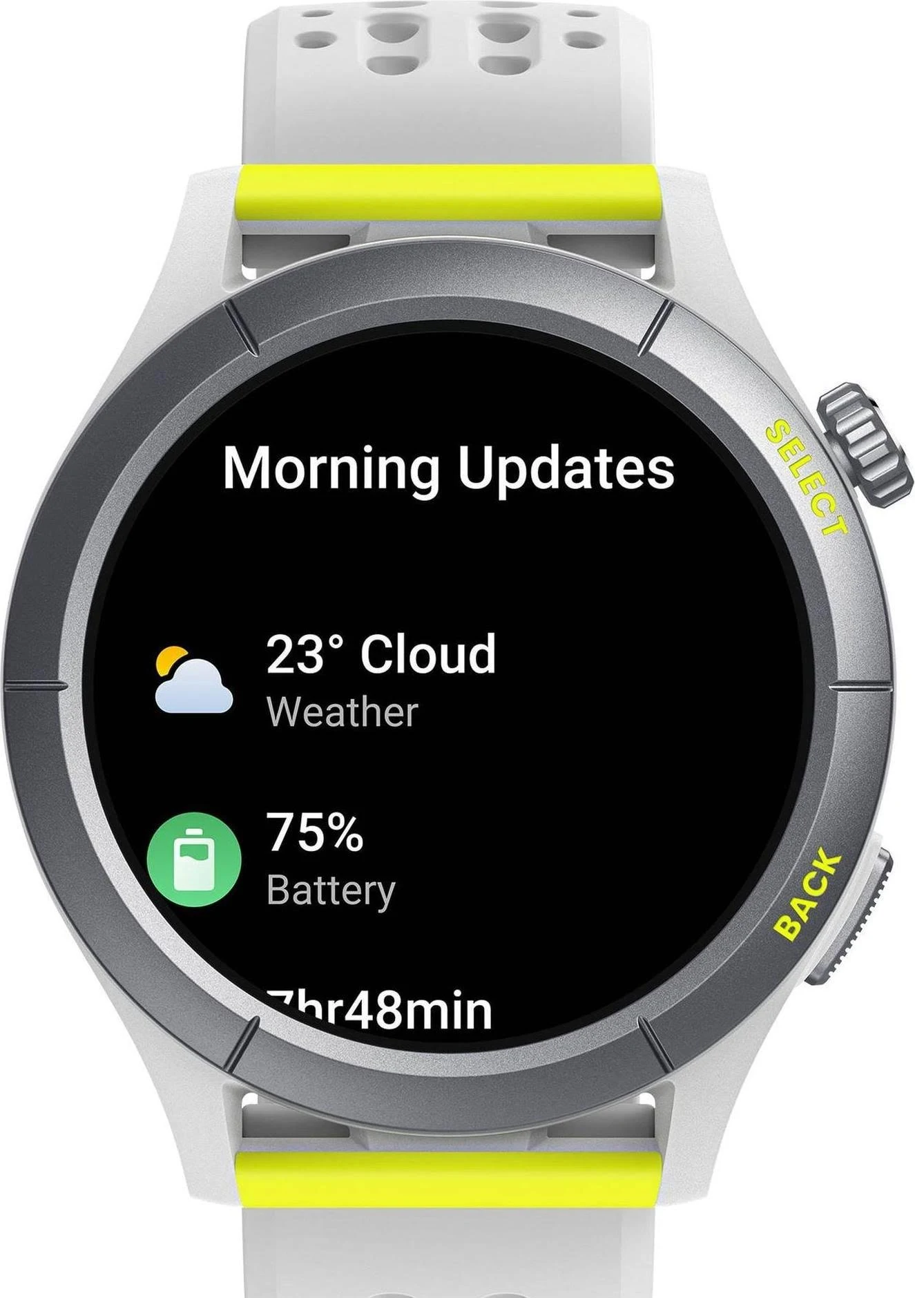 Smartwatch con correa blanca, acentos amarillos, que muestra información del clima y la batería.