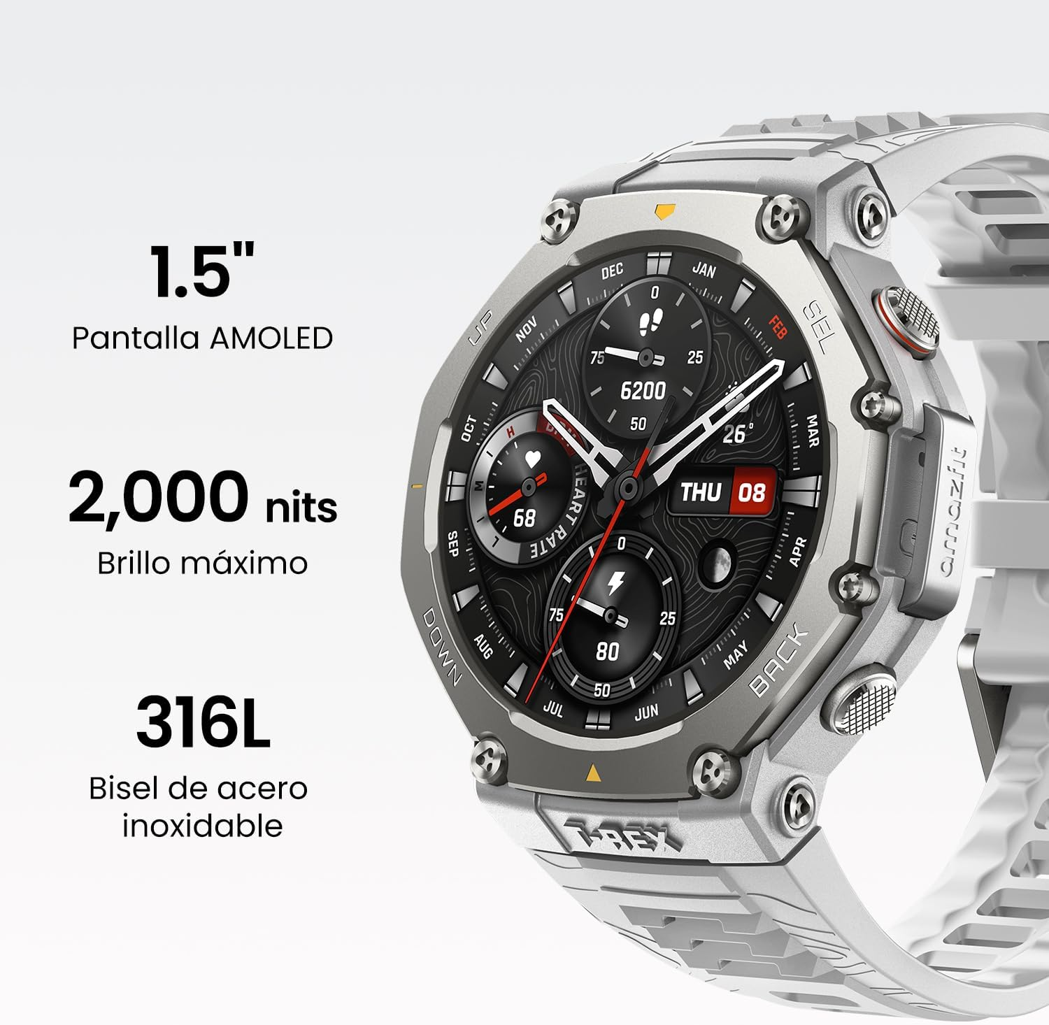 Reloj inteligente plateado con correa blanca, muestra frecuencia cardíaca y fecha.