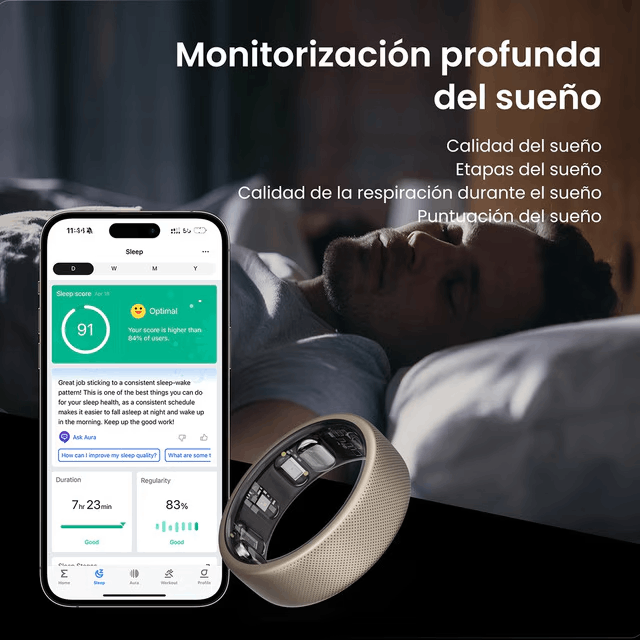 Hombre durmiendo, con un anillo en el dedo que muestra datos de sueño.