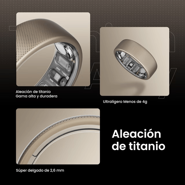 Imágenes de cerca de un anillo de titanio con detalles de sus características y diseño.