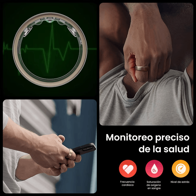 Un anillo en un dedo, mostrando iconos de monitoreo de salud.
