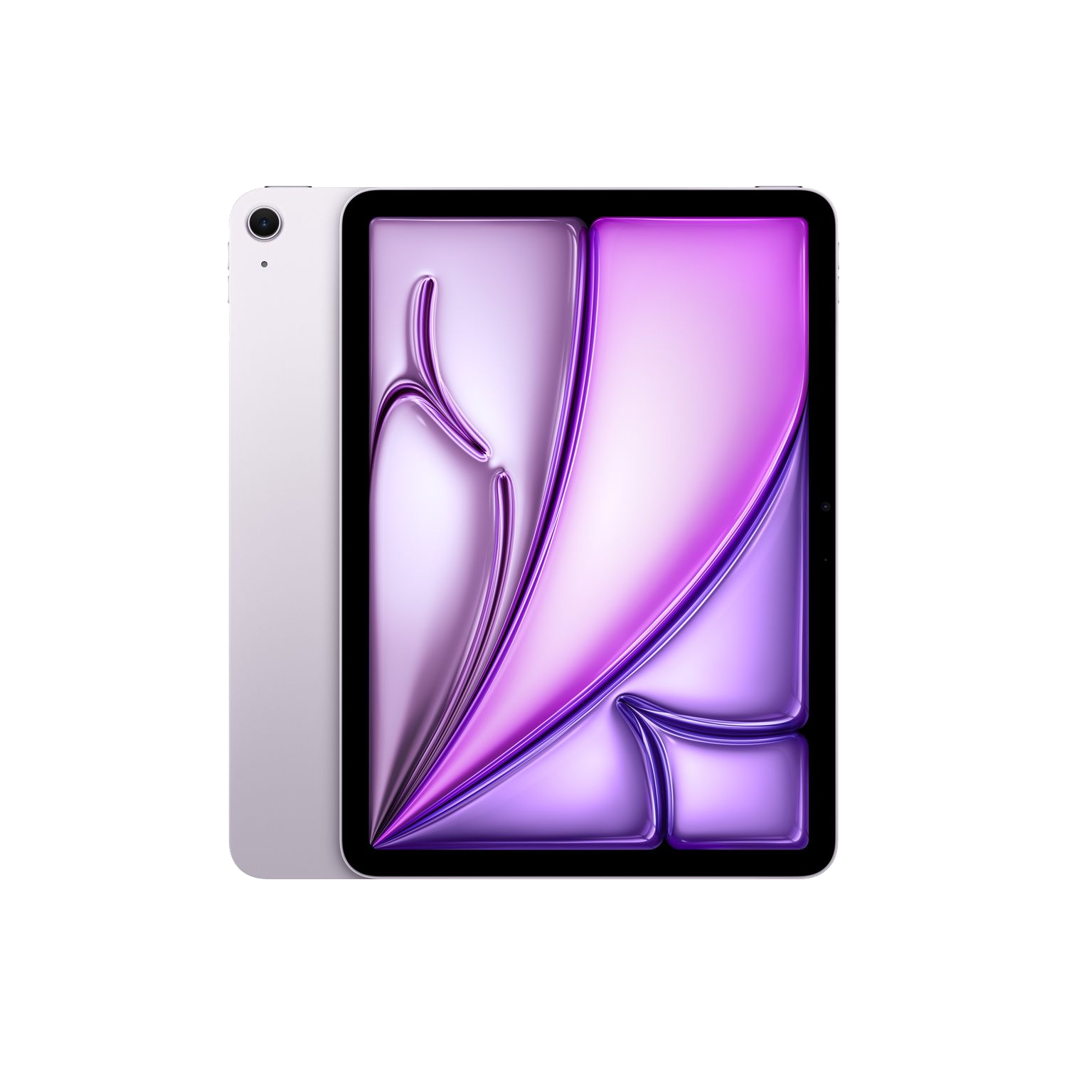Purple iPad with a colorful screen. The screen has a silver, purple, and blue abstract design.