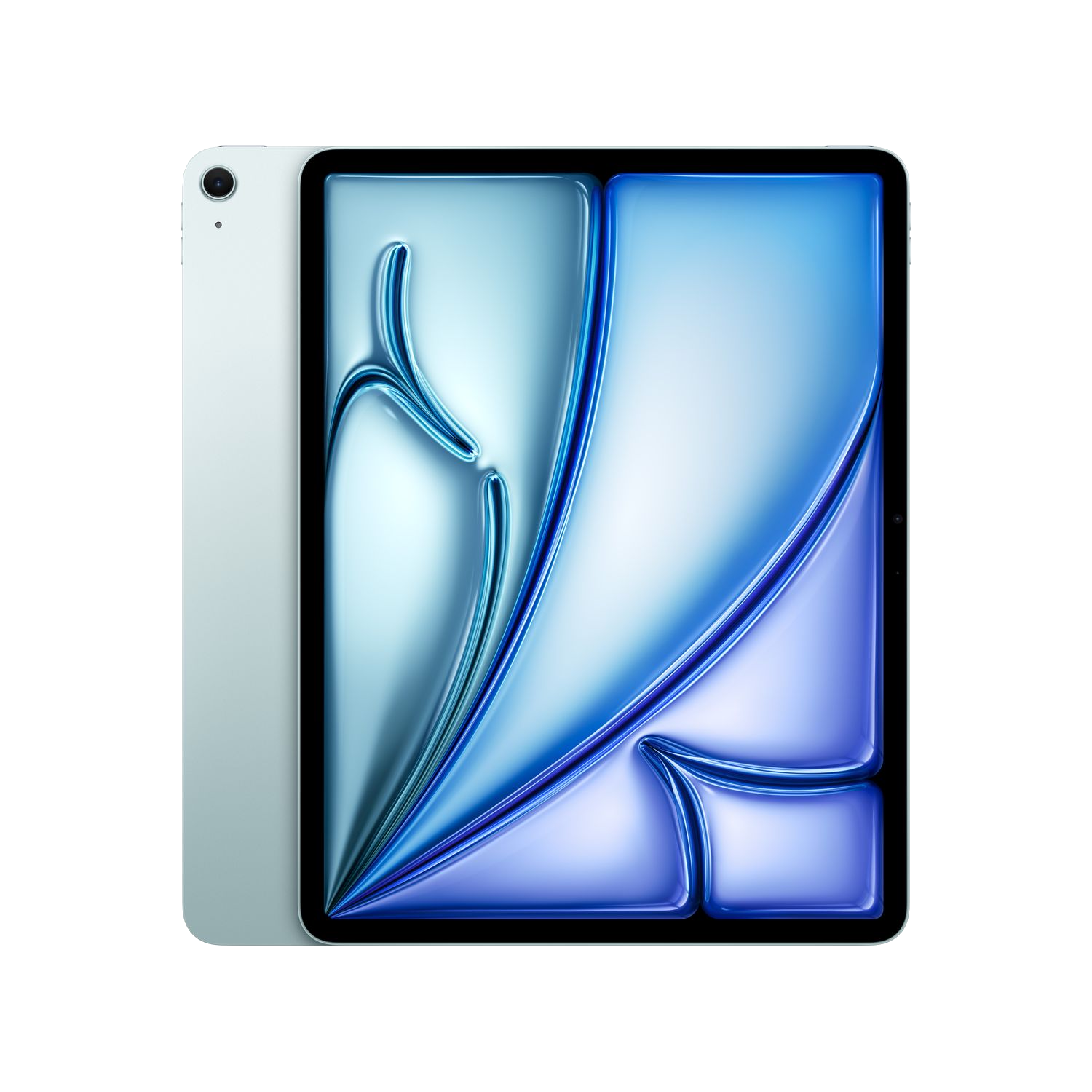 Zilveren iPad tablet met een lichtblauw en donkerblauw scherm.