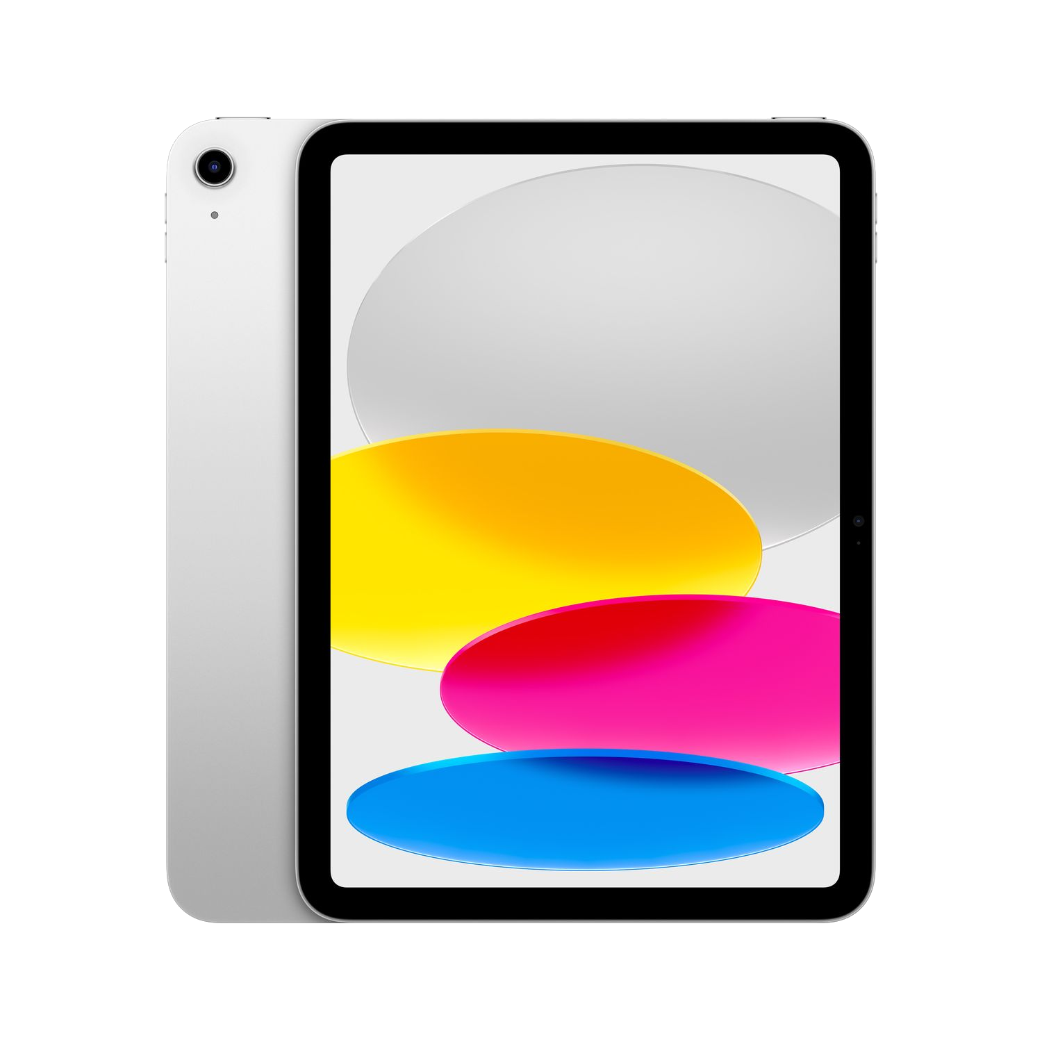 Witte iPad, schuin, met een kleurrijke abstracte achtergrond op het scherm, zwarte rand.