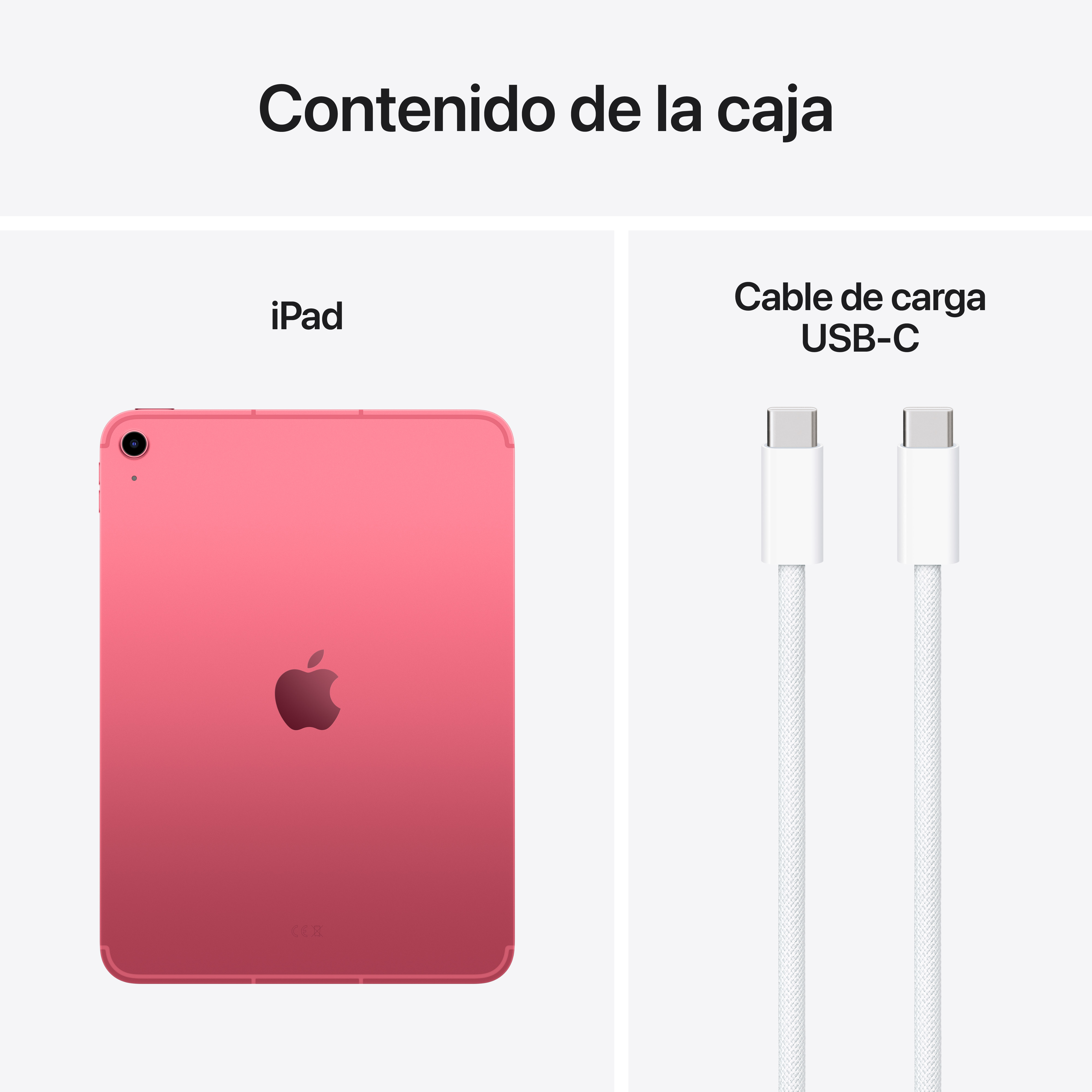Se muestra un iPad y un cable de carga USB-C. El iPad es rosa y el cable es blanco.