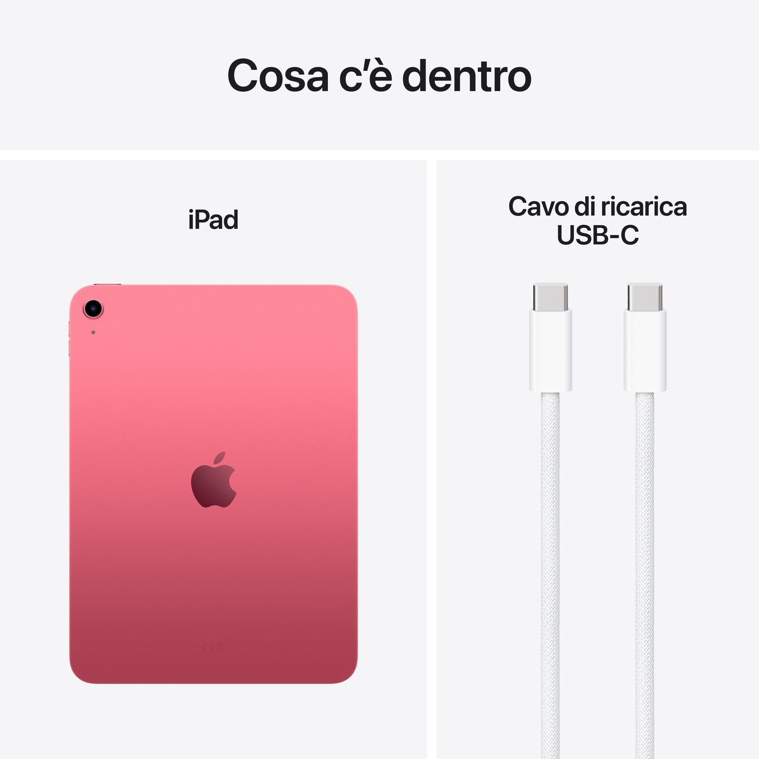 iPad rosa con cavo di ricarica USB-C bianco.