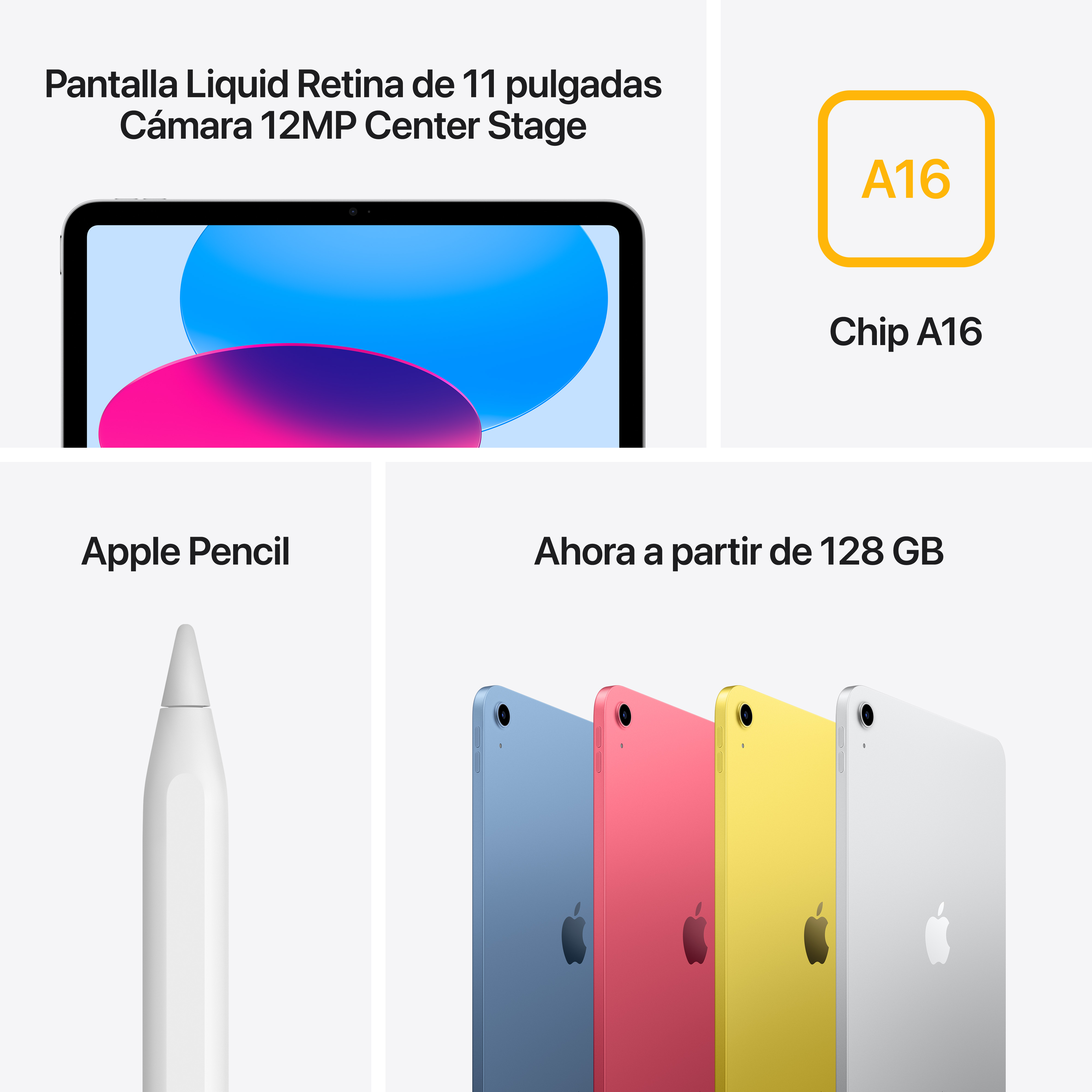Se muestra un iPad, un Apple Pencil y cuatro iPads en diferentes colores. Hay información sobre el dispositivo.