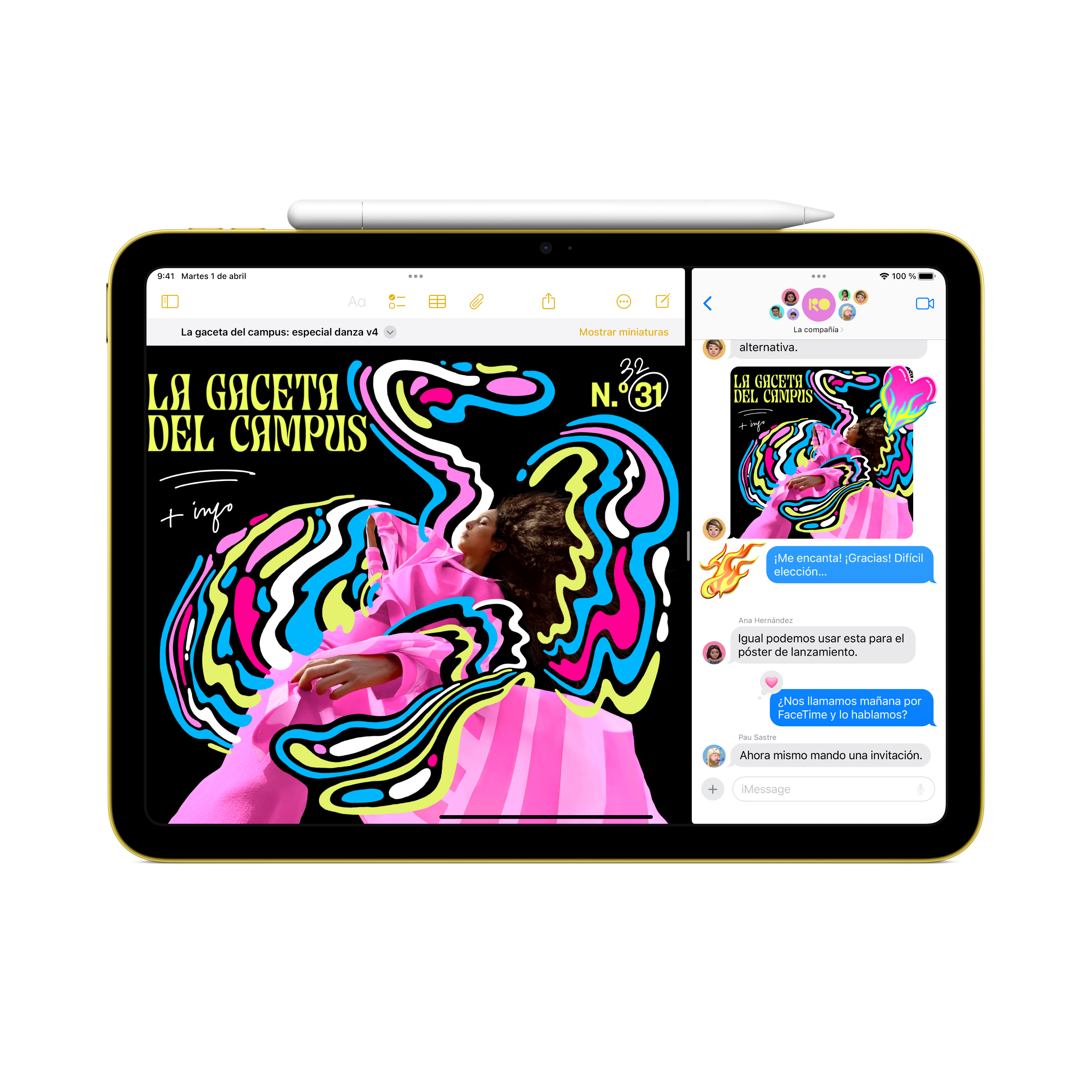 Un iPad con un lápiz encima. La pantalla muestra una ilustración colorida y una ventana de chat.