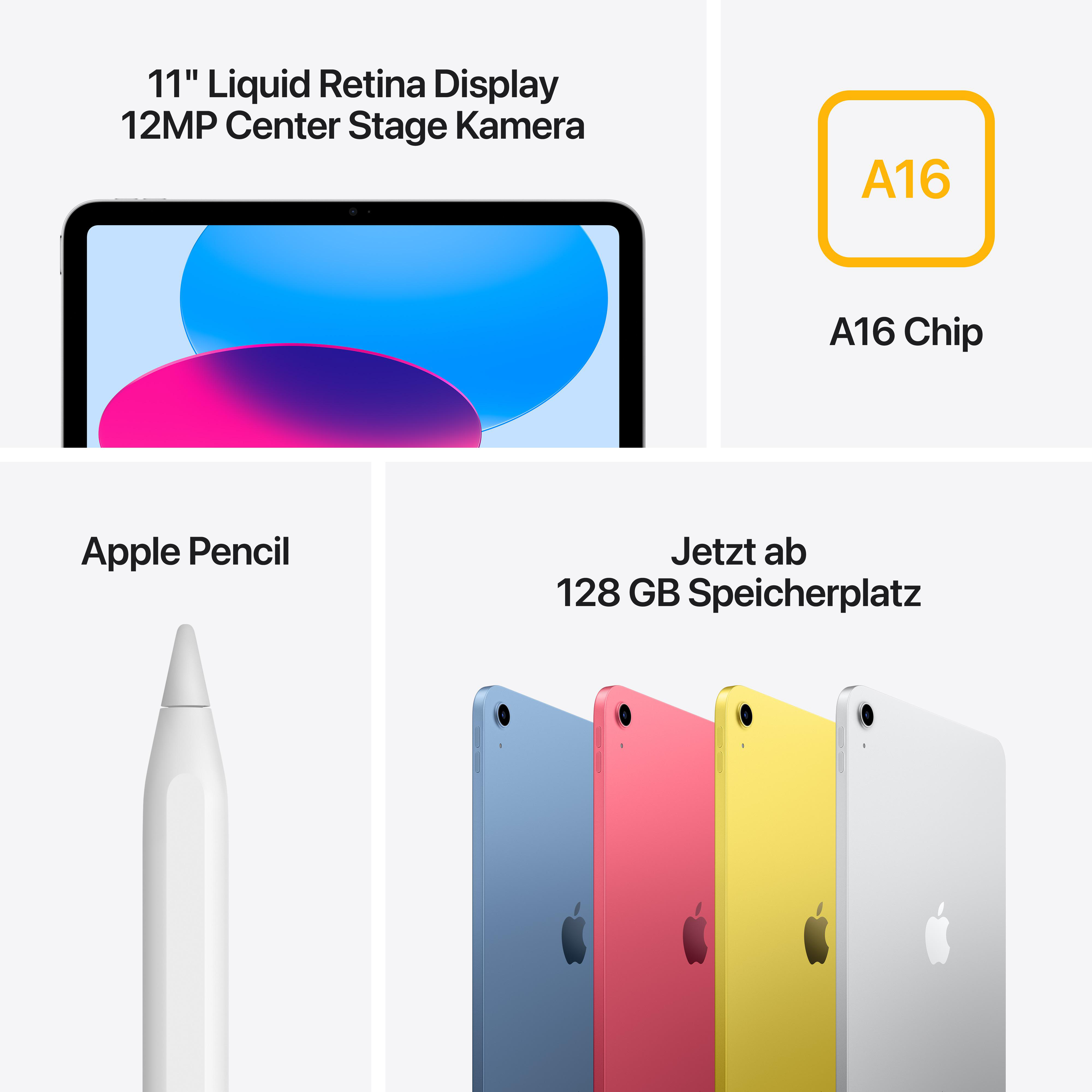 Das Bild zeigt ein iPad mit Text, Apple Pencil und farbenfrohen iPad-Modellen. Text beinhaltet 'A16 Chip' und Speicherinformationen.