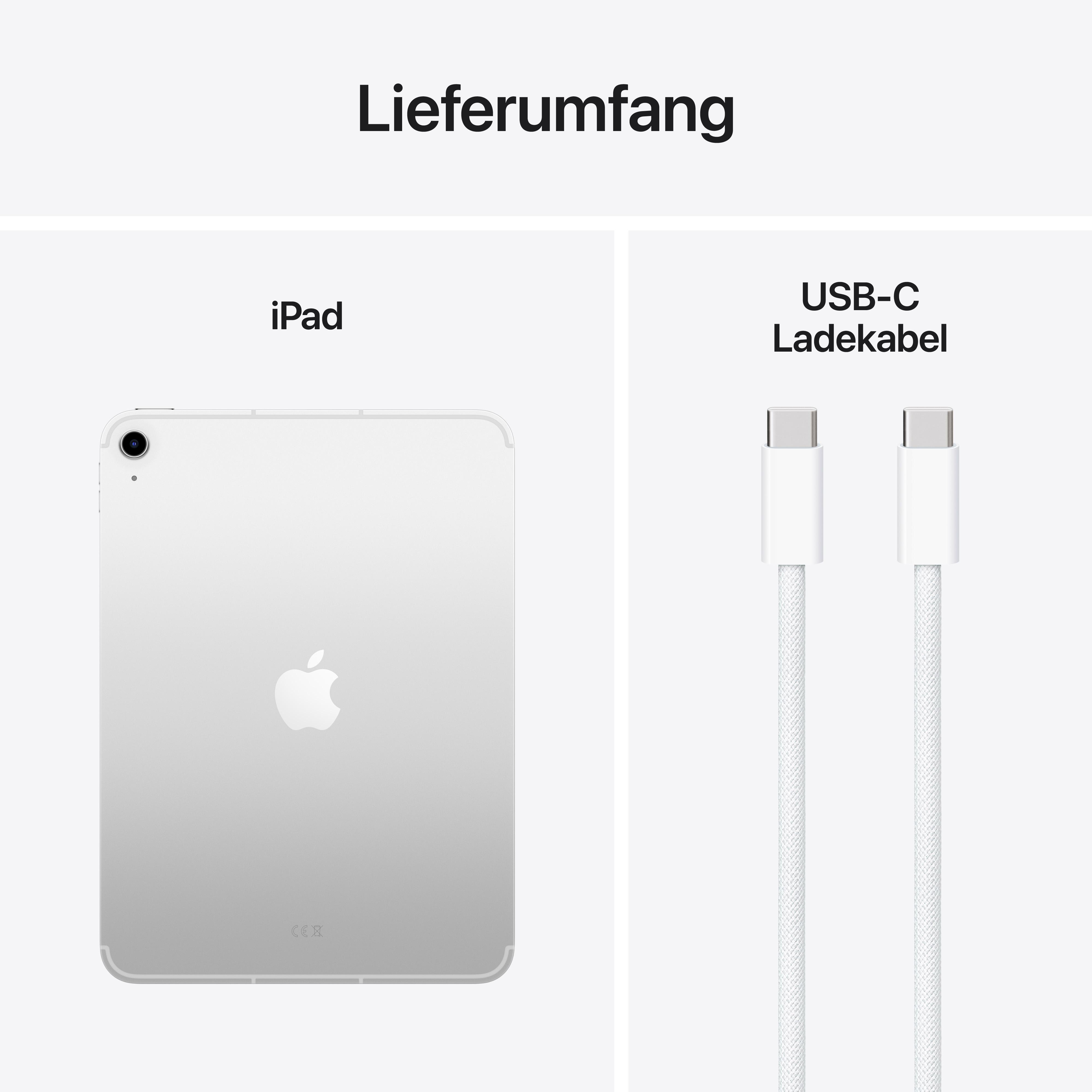Das Bild zeigt ein iPad, ein USB-C-Ladekabel und den Produktnamen. Das iPad ist silberfarben, die Kabel sind weiß.