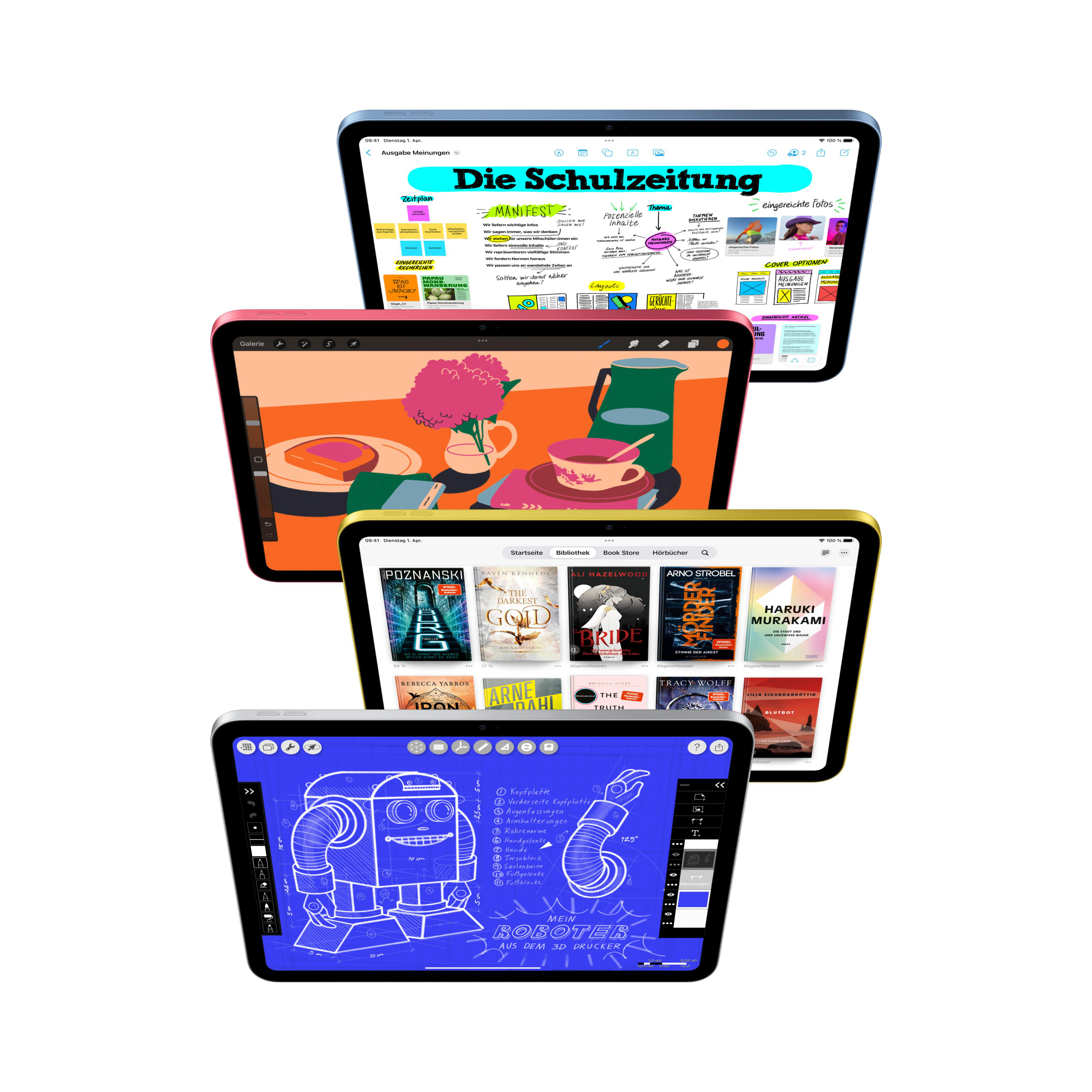 Vier Tablets, jeweils mit unterschiedlichen Inhalten, darunter eine Mindmap, Stillleben und Buchcover.