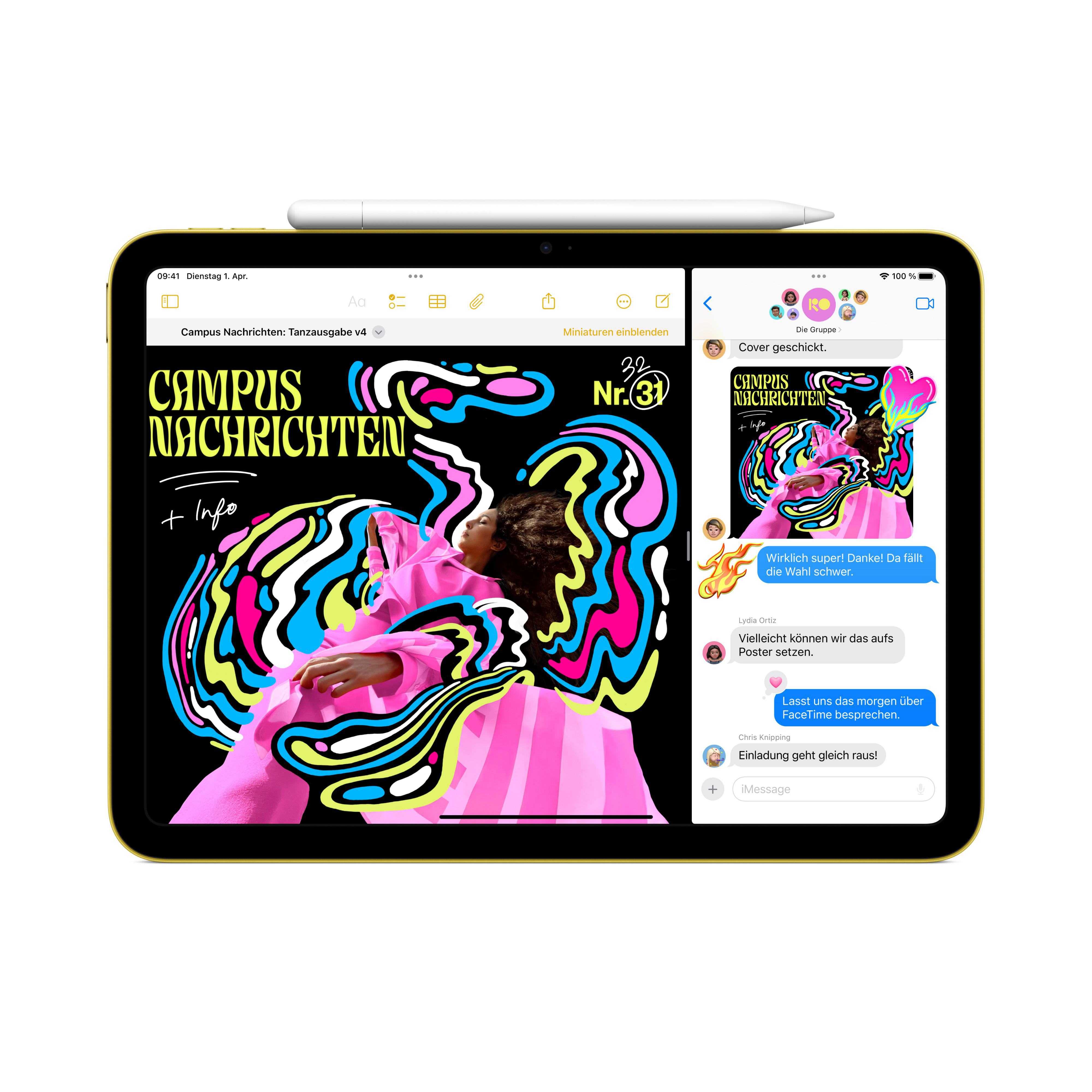 Tablet mit geteiltem Bildschirm, der ein Zeitschriften-Cover und eine Messaging-App zeigt.