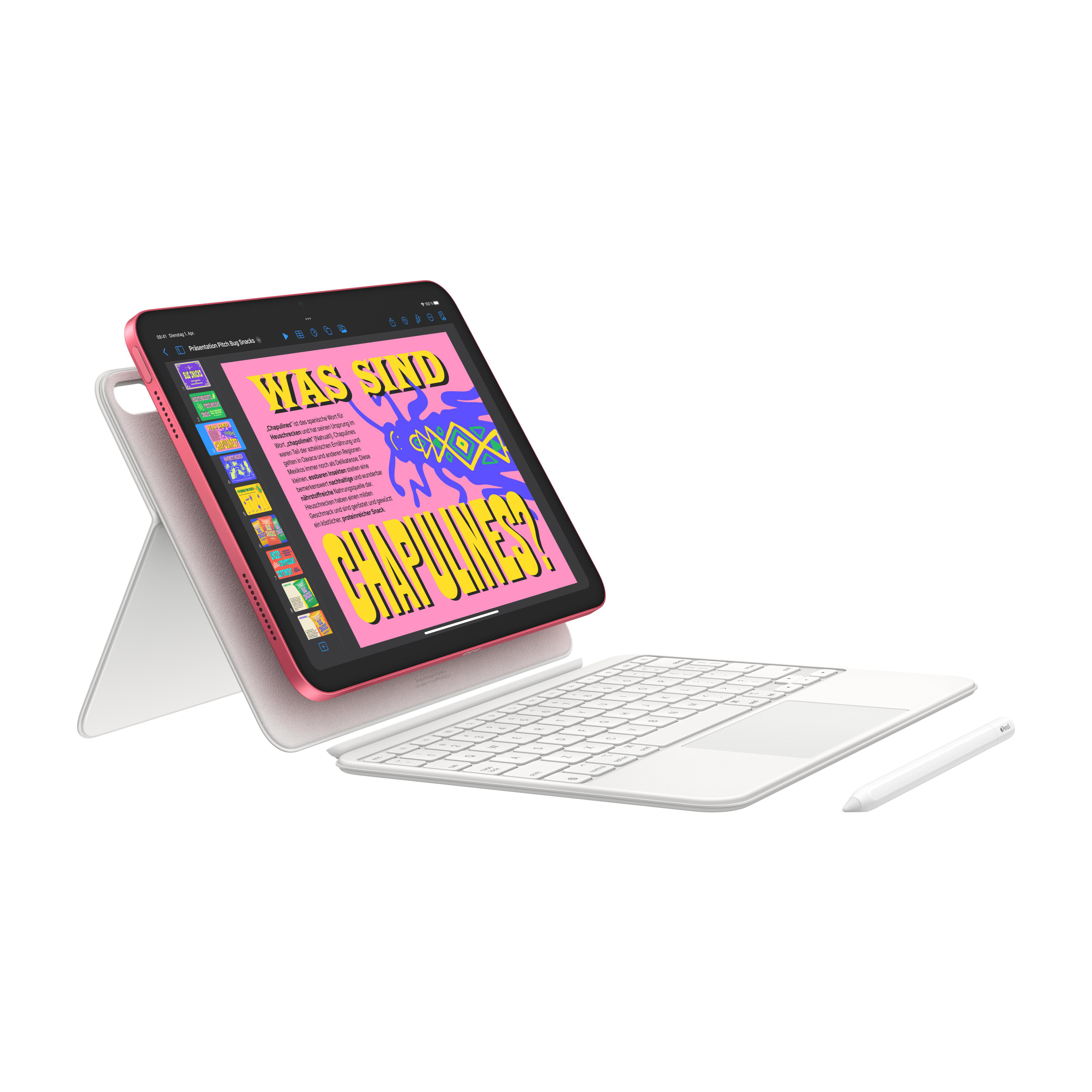 Rosa Tablet mit Text, unterstützt von weißem Ständer, Tastatur und Stift. Weißer Hintergrund.