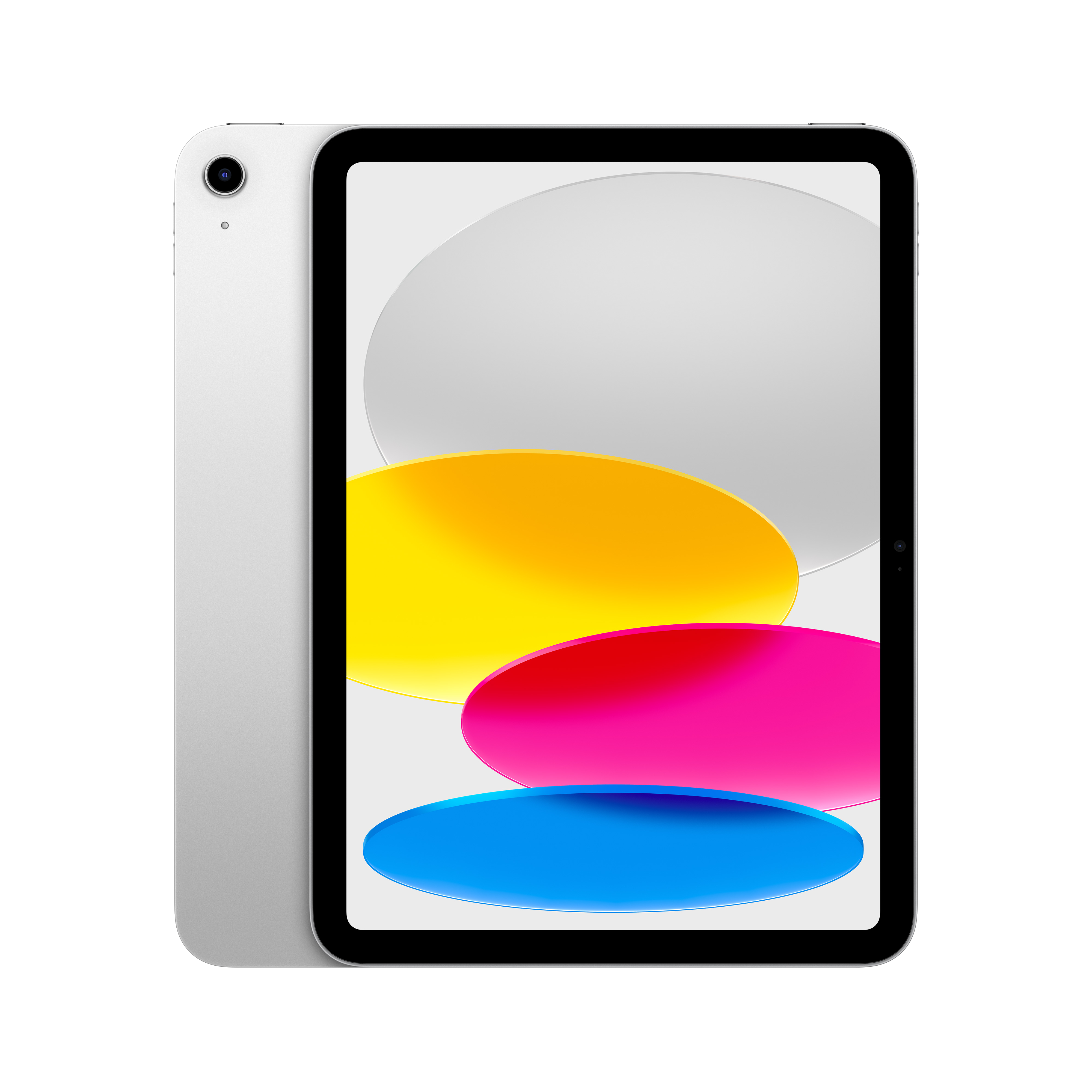 iPad plateado, pantalla con formas abstractas coloridas, con borde negro.