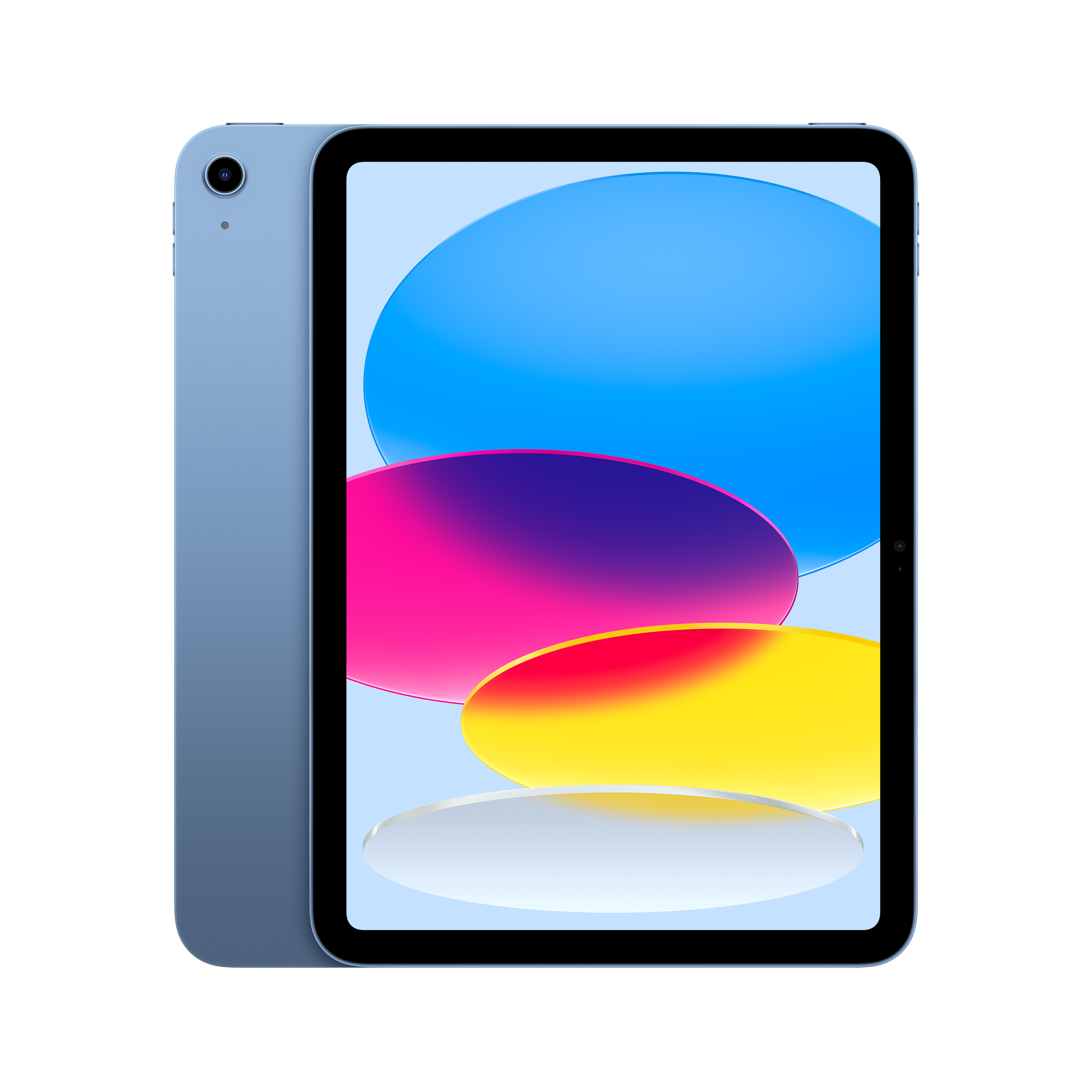 iPad azul con fondo abstracto colorido. La tableta se encuentra sobre un fondo negro.