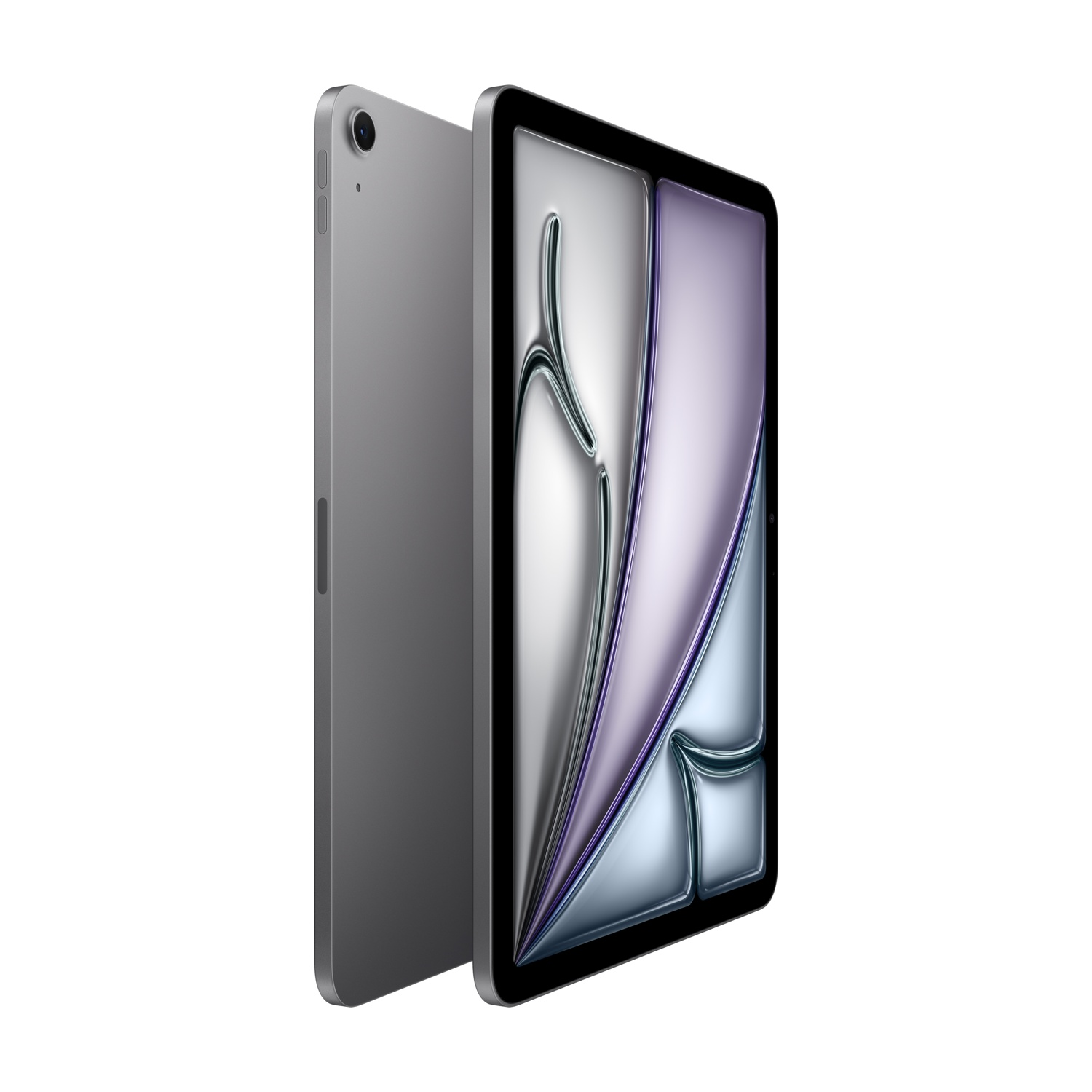 Un iPad grigio, mostrato con lo schermo e il retro rivolti verso l'osservatore.