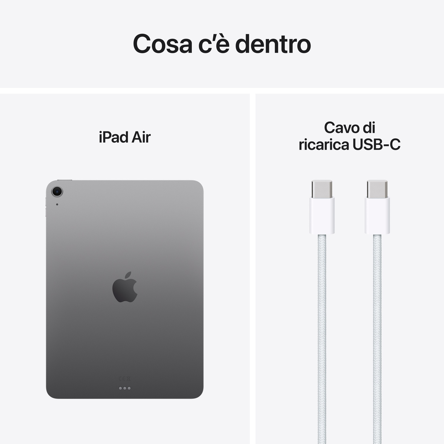 Un iPad Air e un cavo di ricarica USB-C su sfondo bianco. Testo: Cosa c'è dentro.