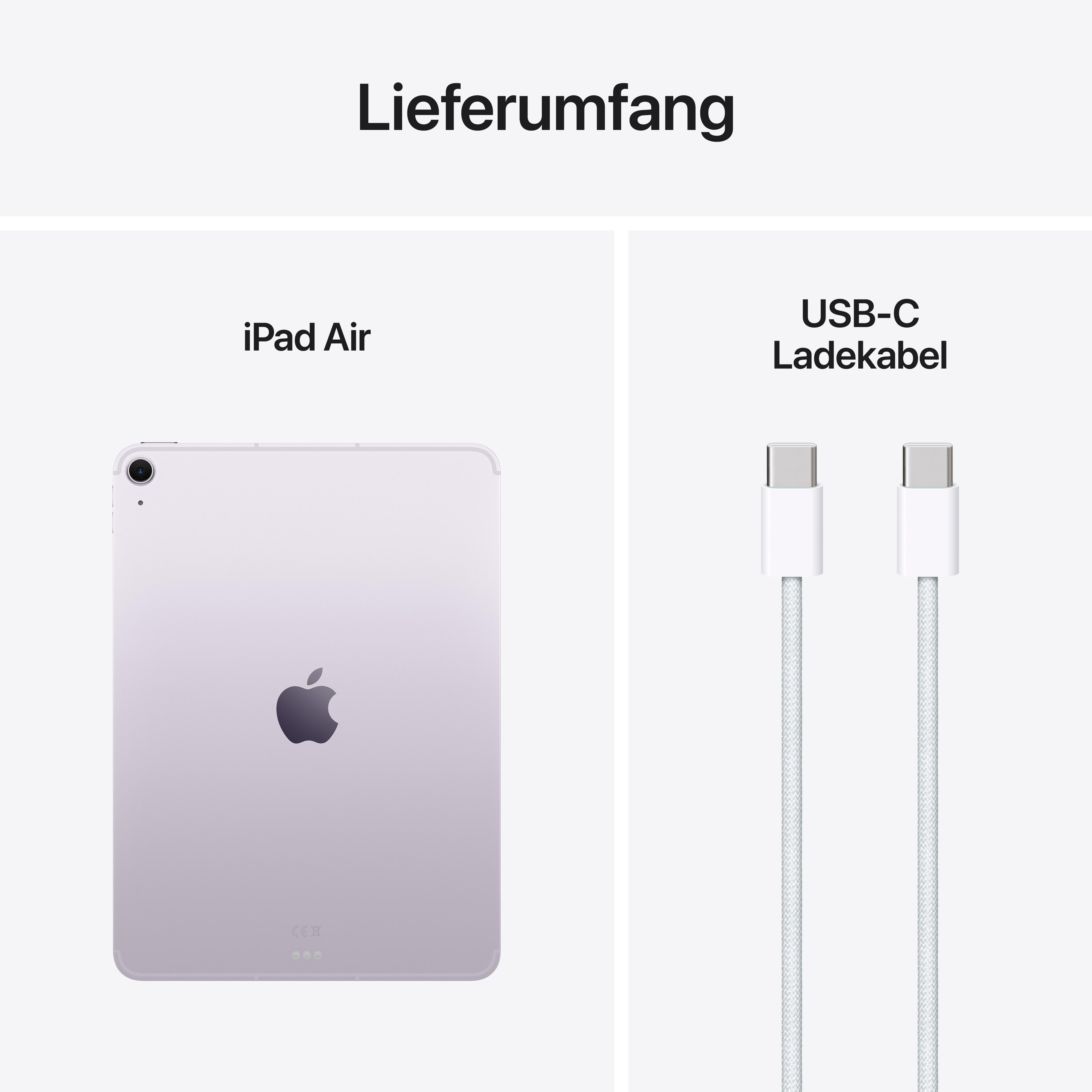 iPad Air und USB-C-Ladekabel. iPad ist lavendelfarben. Weißer Hintergrund.