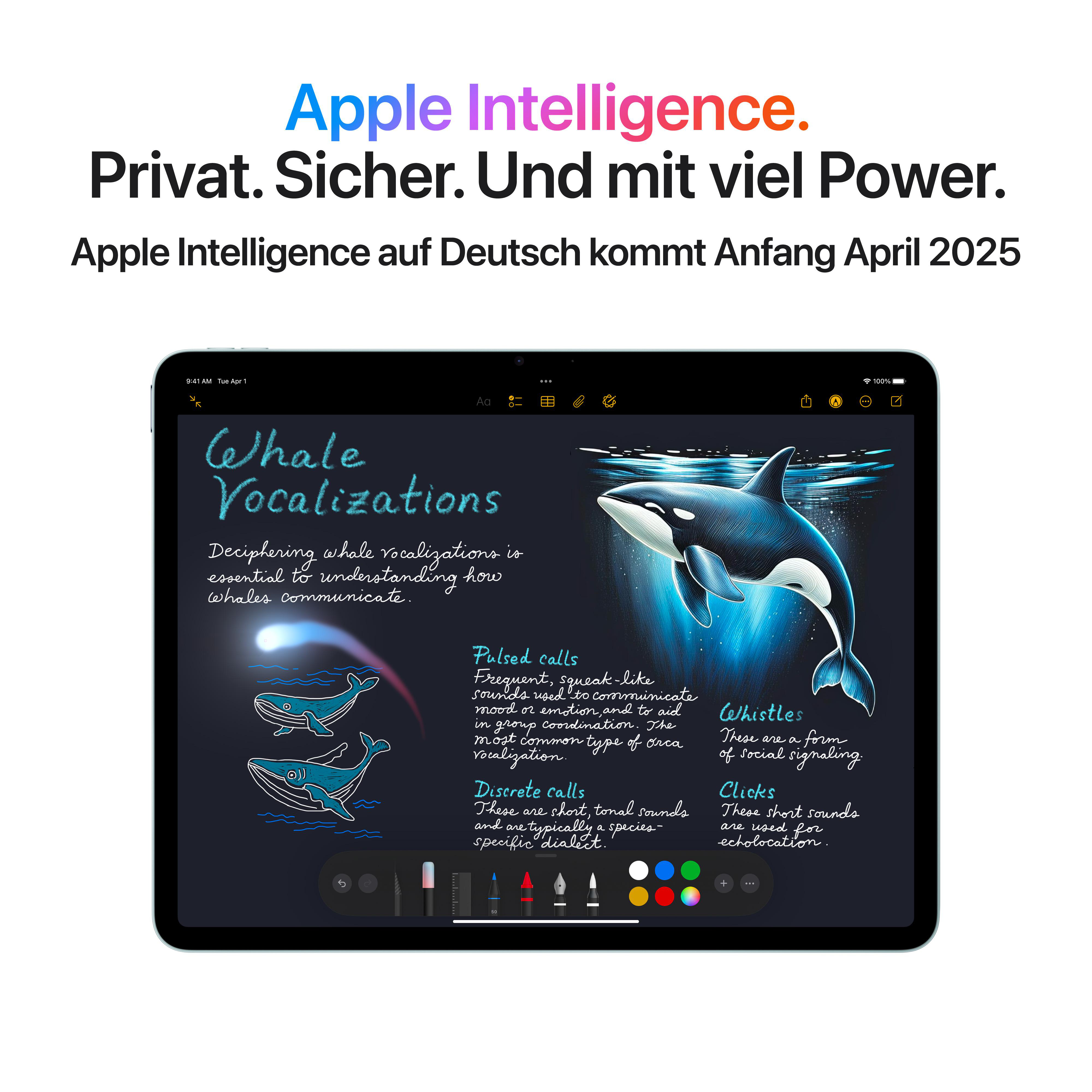 iPad mit Wal-Vokalisation-Diagramm, Wal-Illustration und Text auf Deutsch.