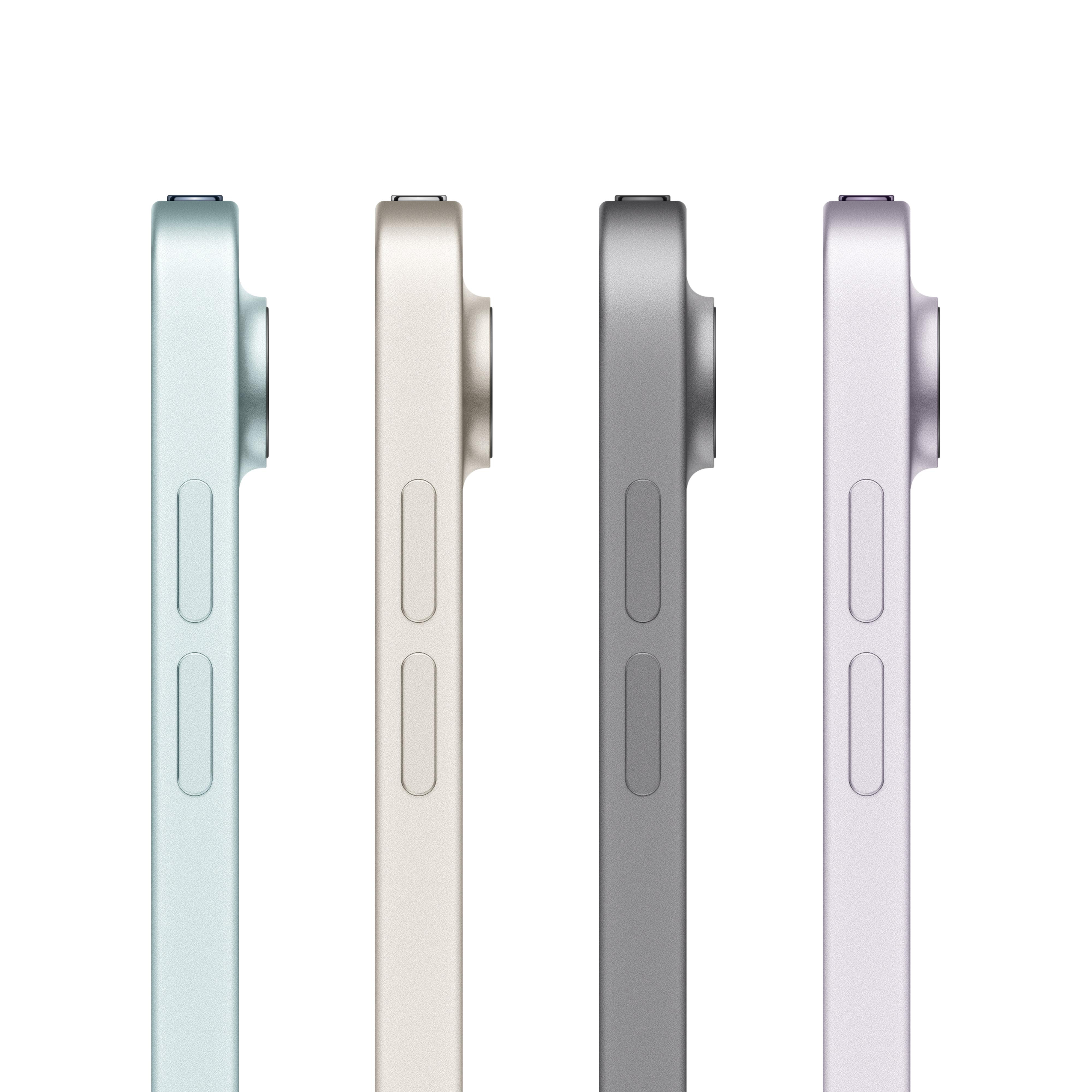 Vier iPad-Seitenprofile in verschiedenen Farben: hellblau, beige, grau und lila.
