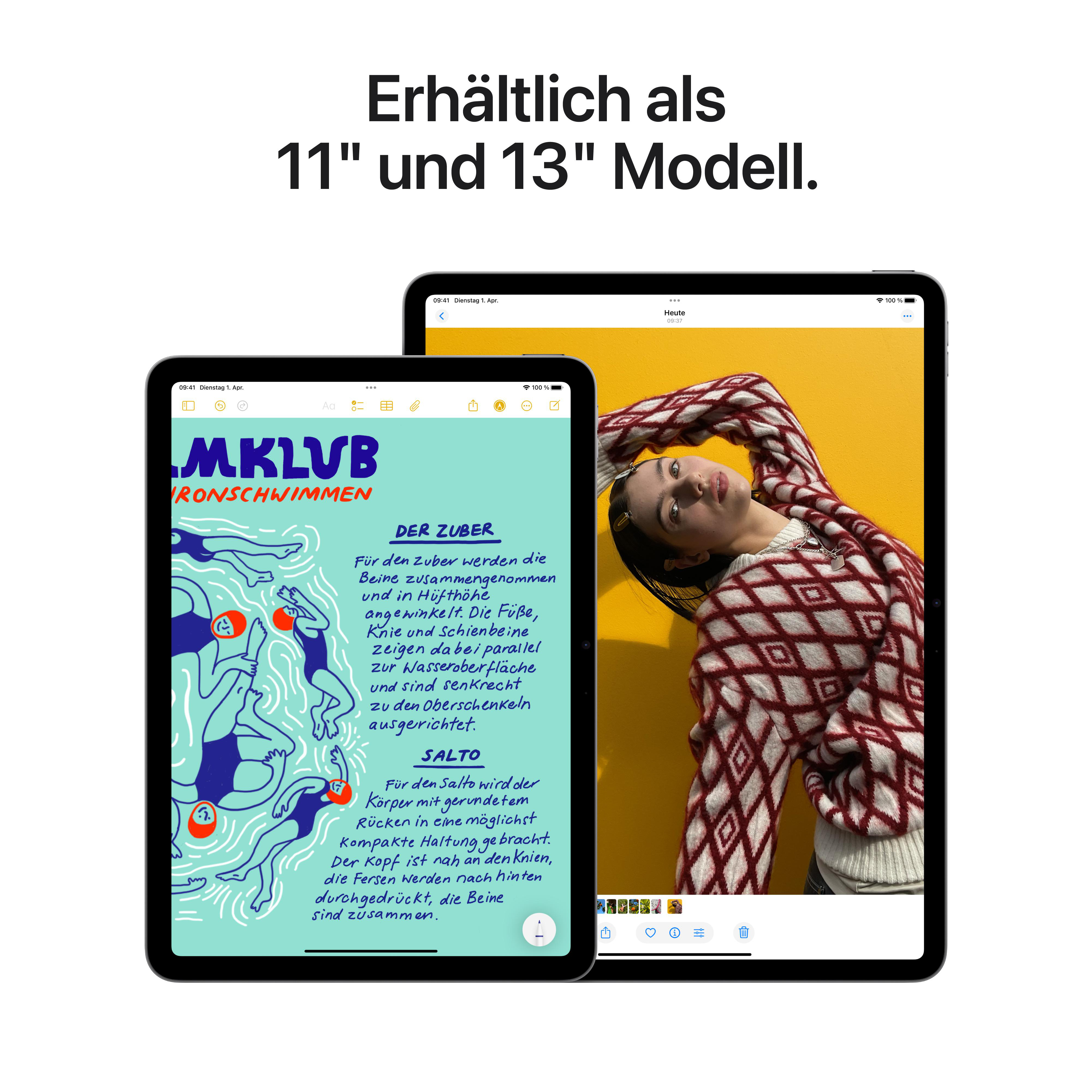 Zwei iPads nebeneinander, die verschiedene Oberflächen mit Text und einem Foto einer Frau zeigen.