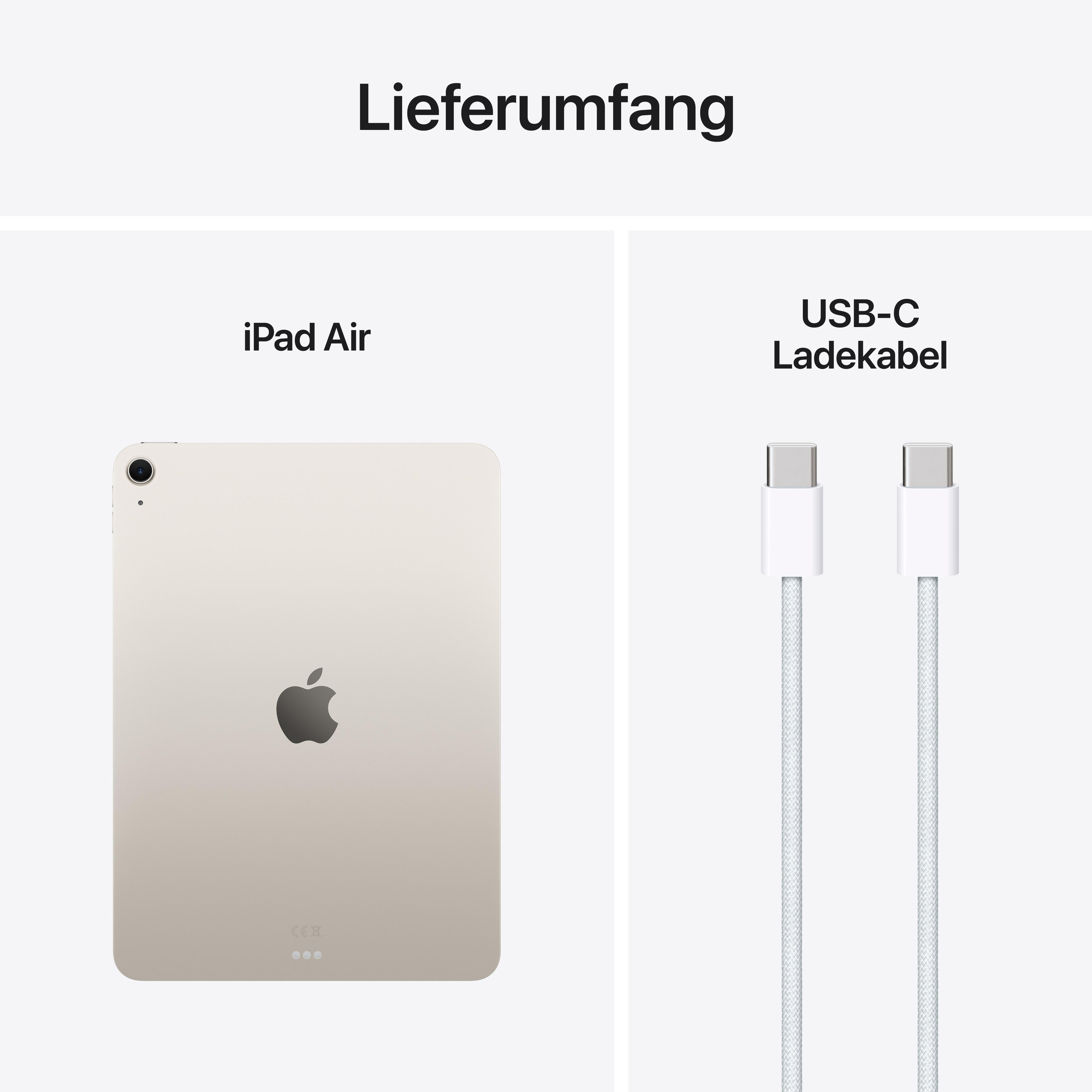 Ein iPad Air und ein USB-C-Ladekabel werden angezeigt. Das iPad ist beige und das Kabel ist weiß.