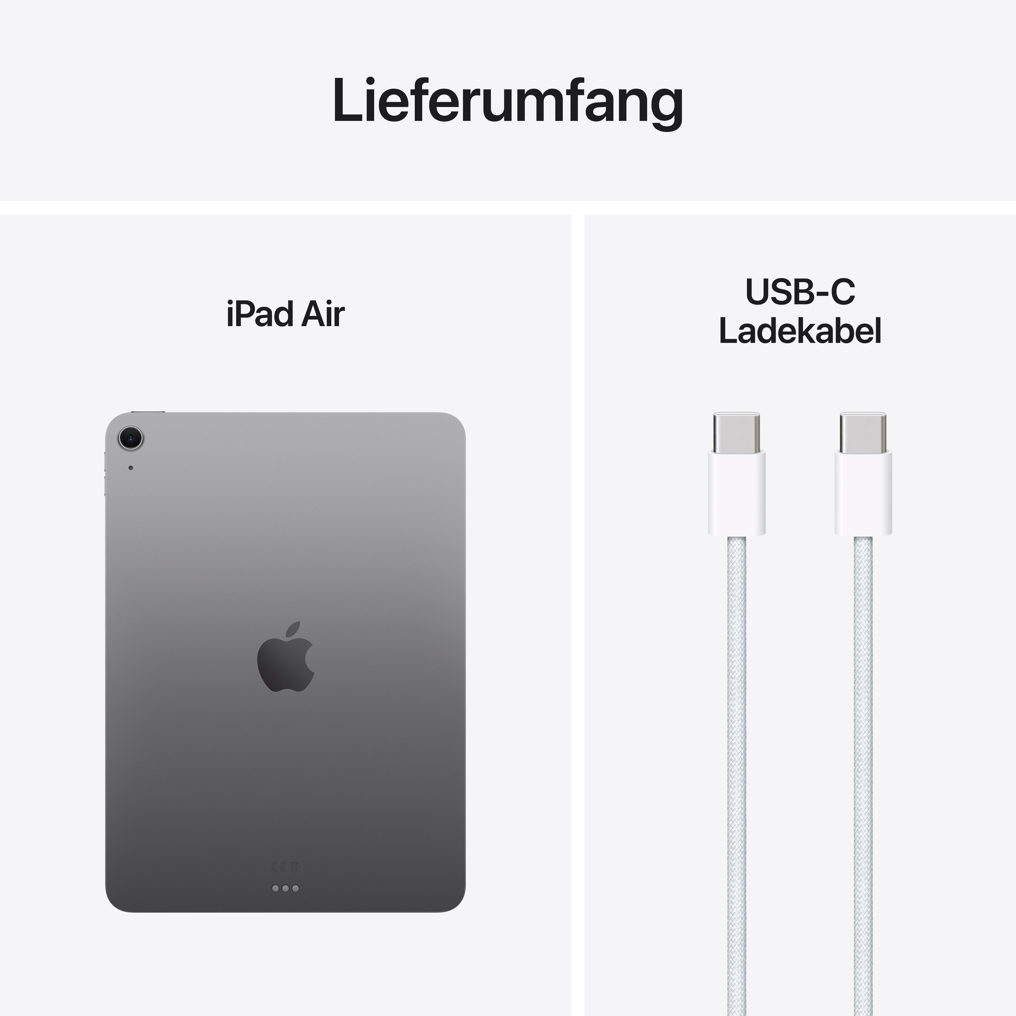 Ein iPad Air und ein USB-C-Ladekabel auf weißem Hintergrund. Das iPad ist grau.