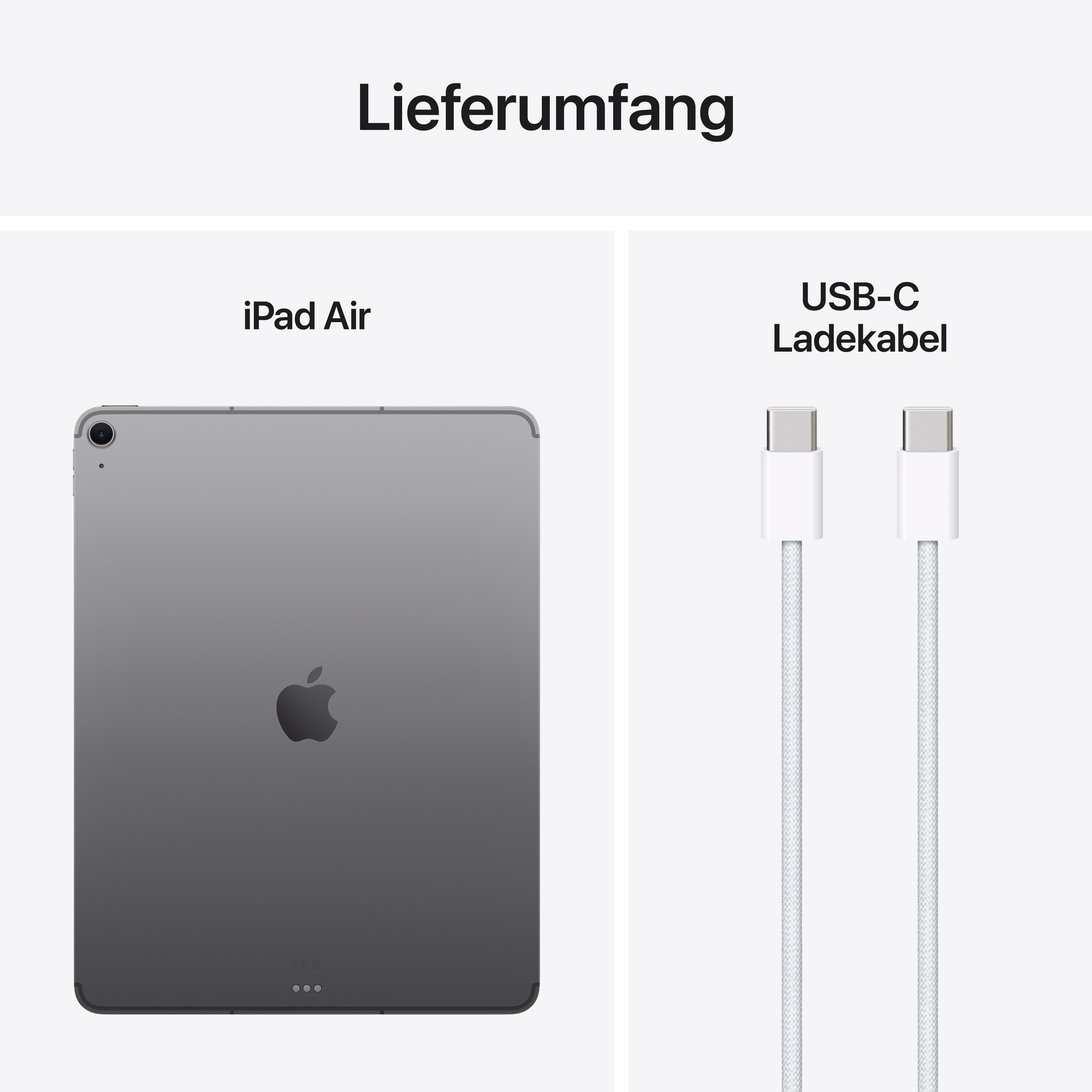 Bild zeigt das iPad Air, Rückansicht und ein weißes USB-C-Kabel.